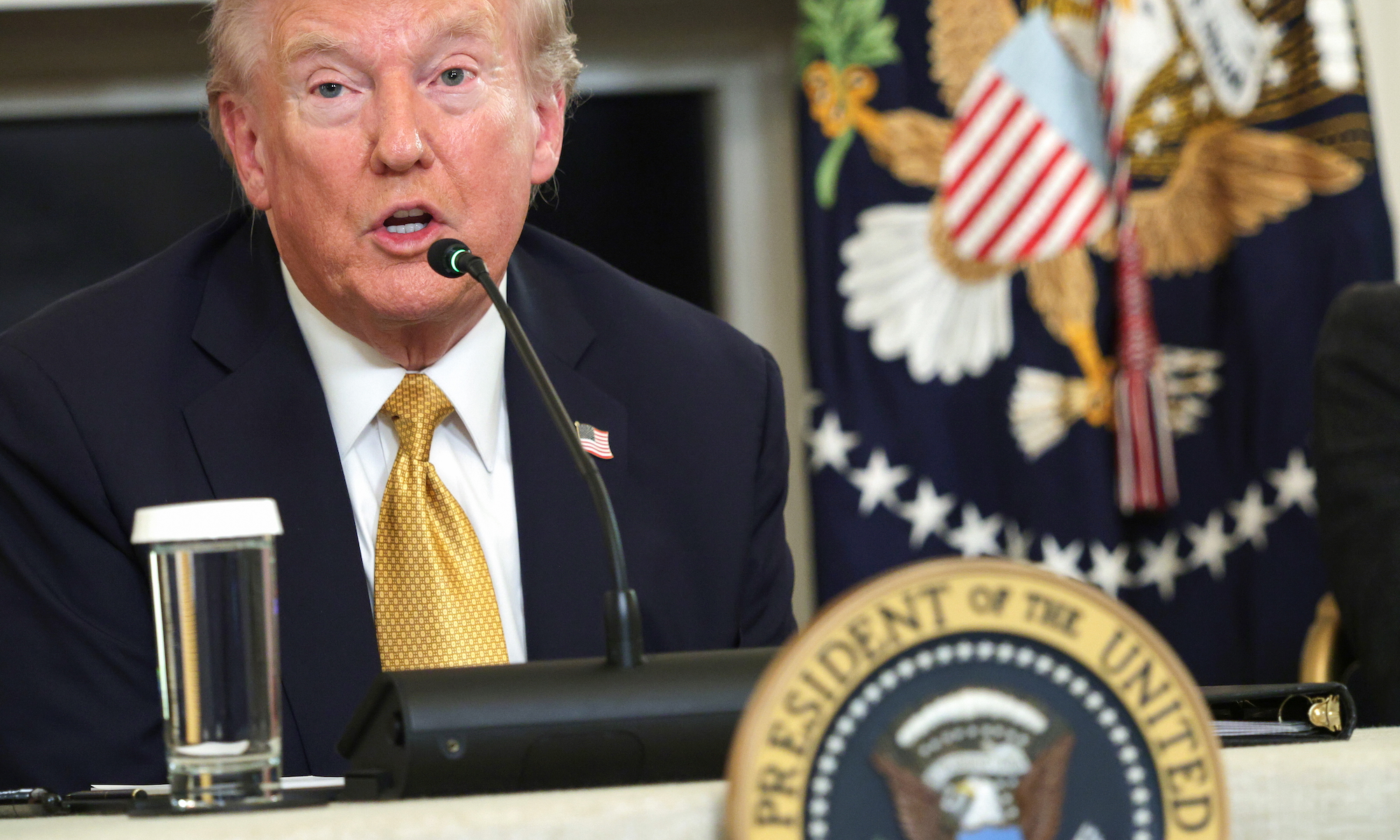 Donald Trump delivers an announcement on his Homeland Security Task Force in the State Dining Room of the White House on October 23, 2025 in Washington, DC