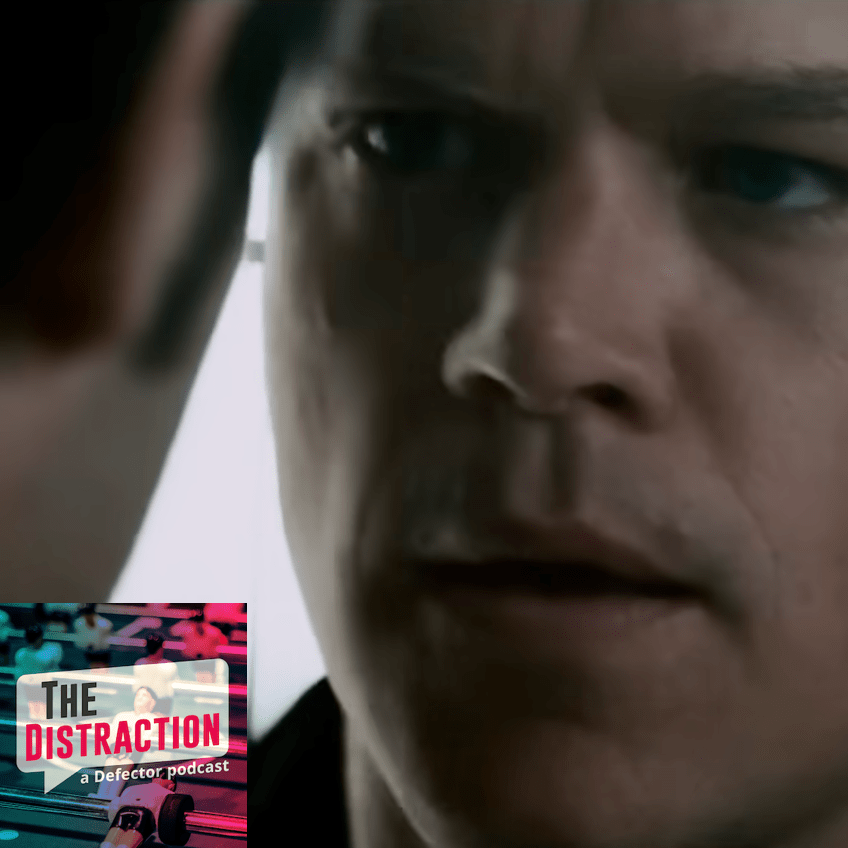 A screenshot of Matt Damon getting bad news from Paddy Considine in The Bourne Supremacy. The Distraction logo is at lower left.