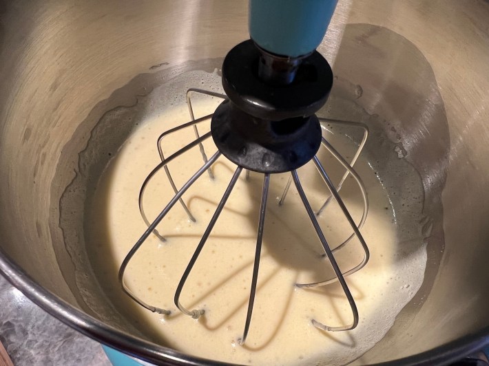 A pale and foamy mixture of eggs and sugar.