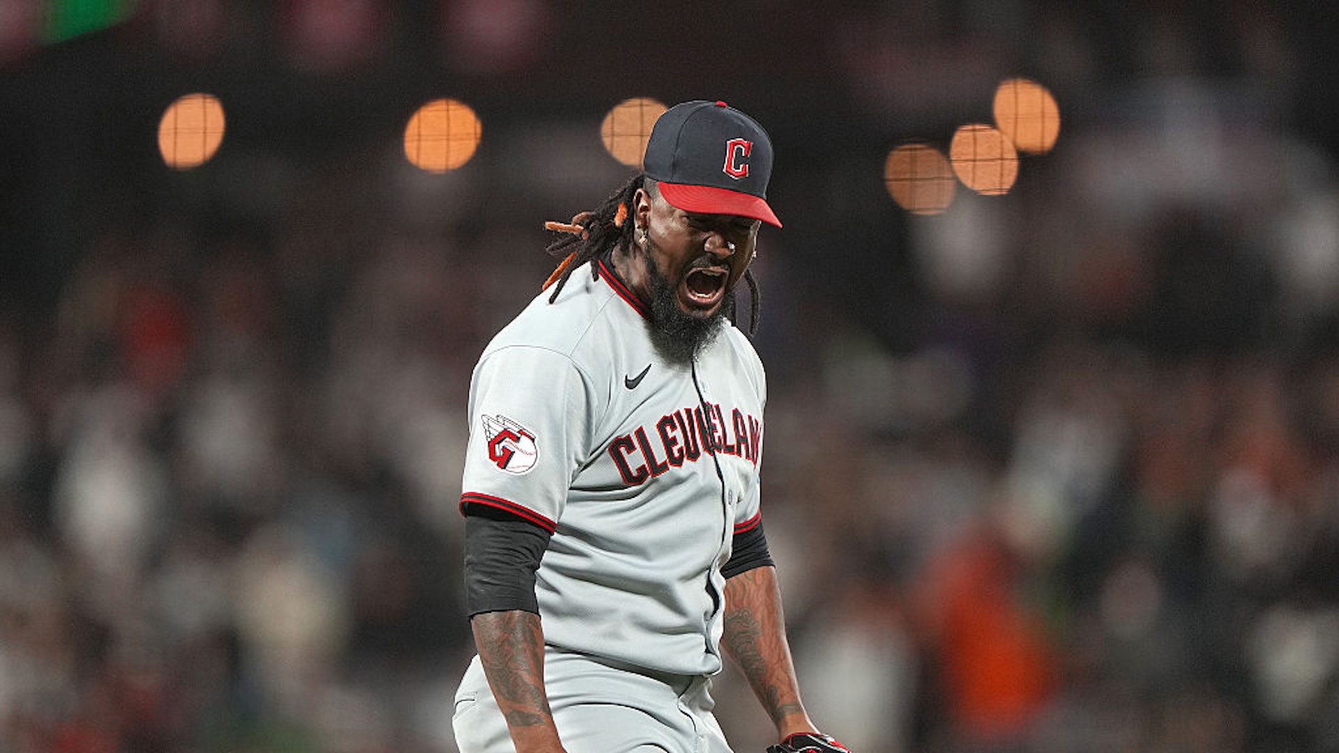 Emmanuel Clase #48 of the Cleveland Guardians reacts after striking out Patrick Bailey #14 of the San Francisco Giants in the bottom of the ninth inning to end the game at Oracle Park on June 18, 2025 in San Francisco, California. The Guardians won the game 4-2