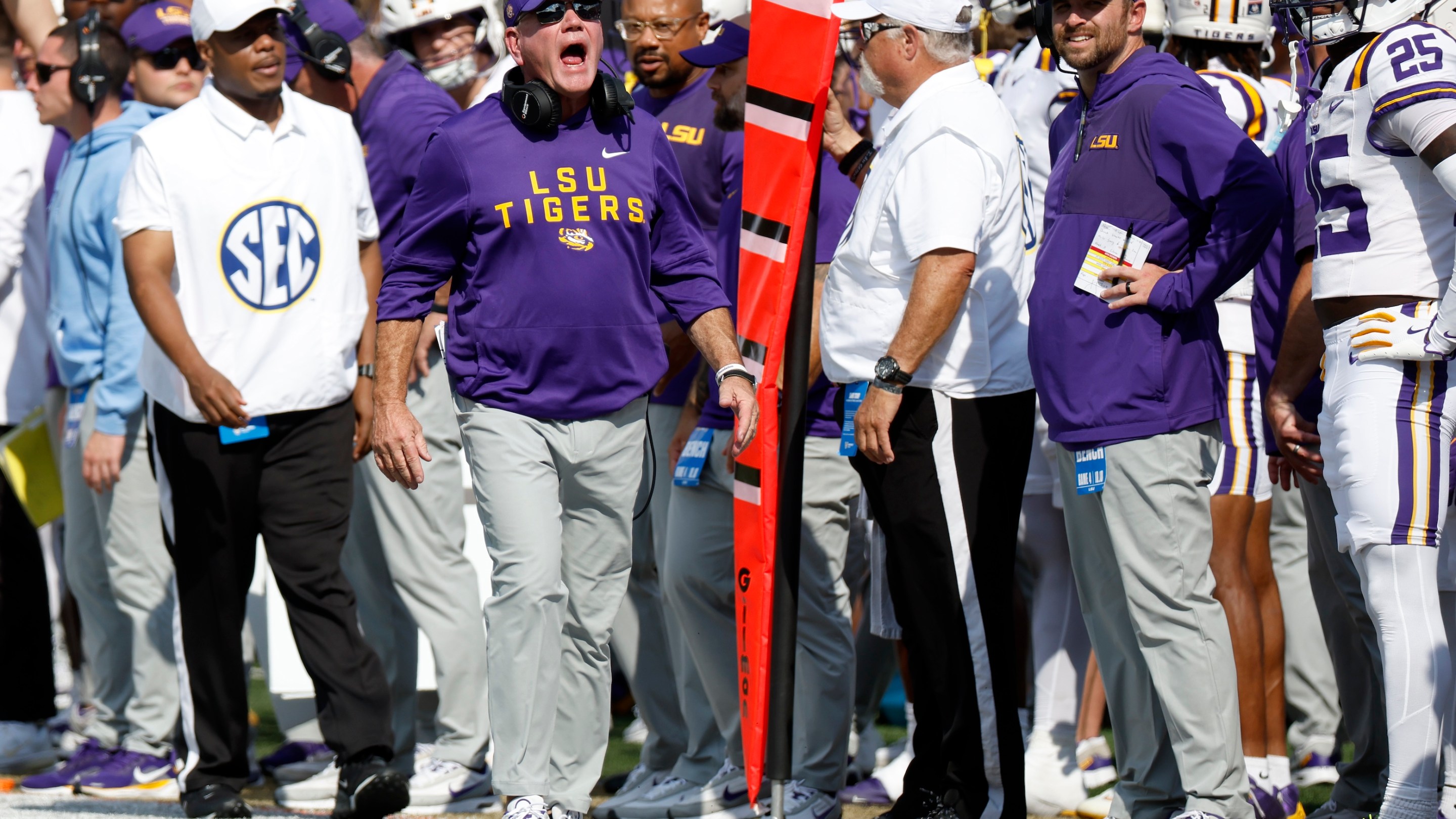 Louisiana State Tigers head coach Brian Kelly yells to an official during a game between the Vanderbilt Commodores and Louisiana State Tigers, October 18, 2025.