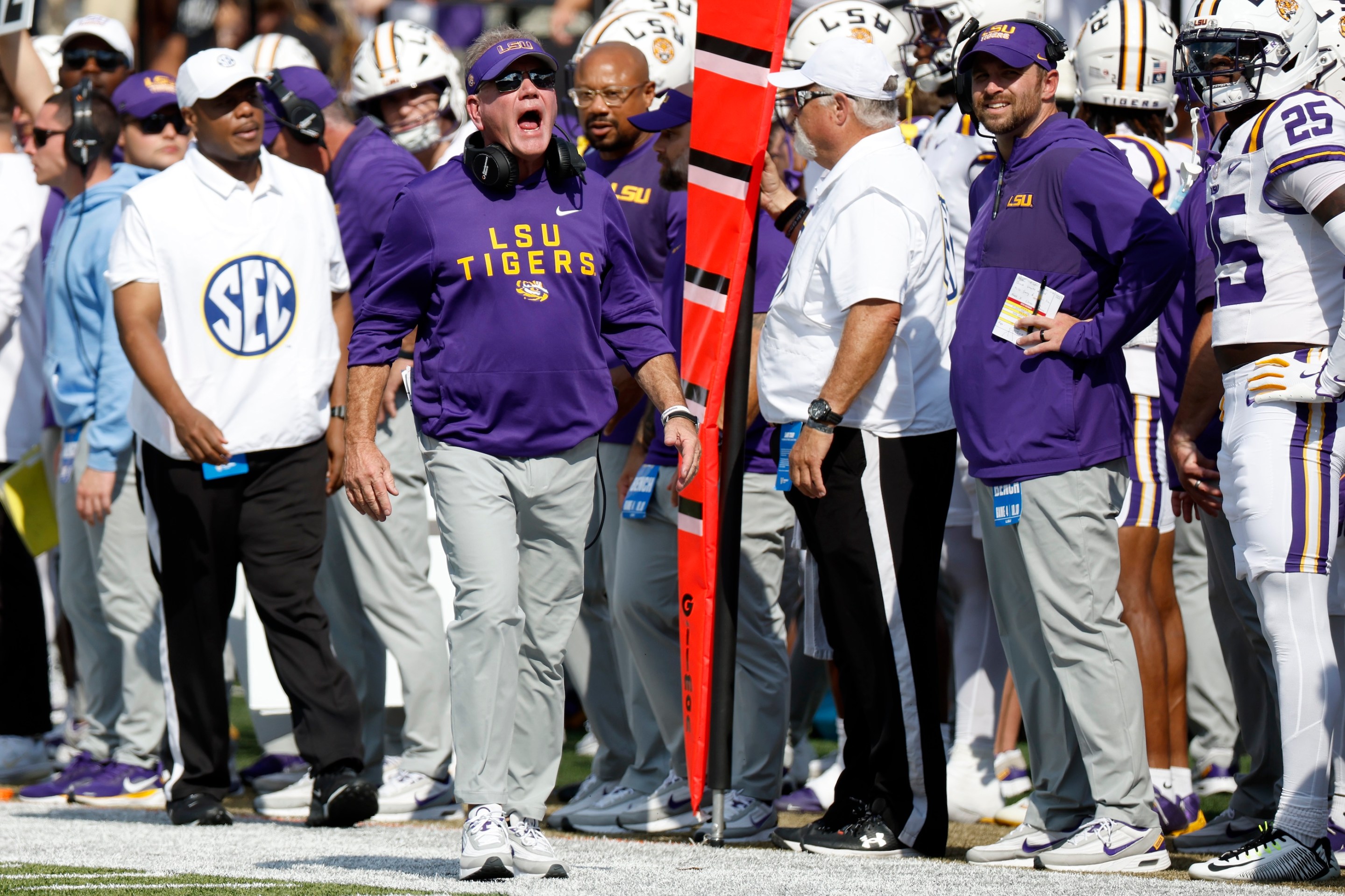 Louisiana State Tigers head coach Brian Kelly yells to an official during a game between the Vanderbilt Commodores and Louisiana State Tigers, October 18, 2025.