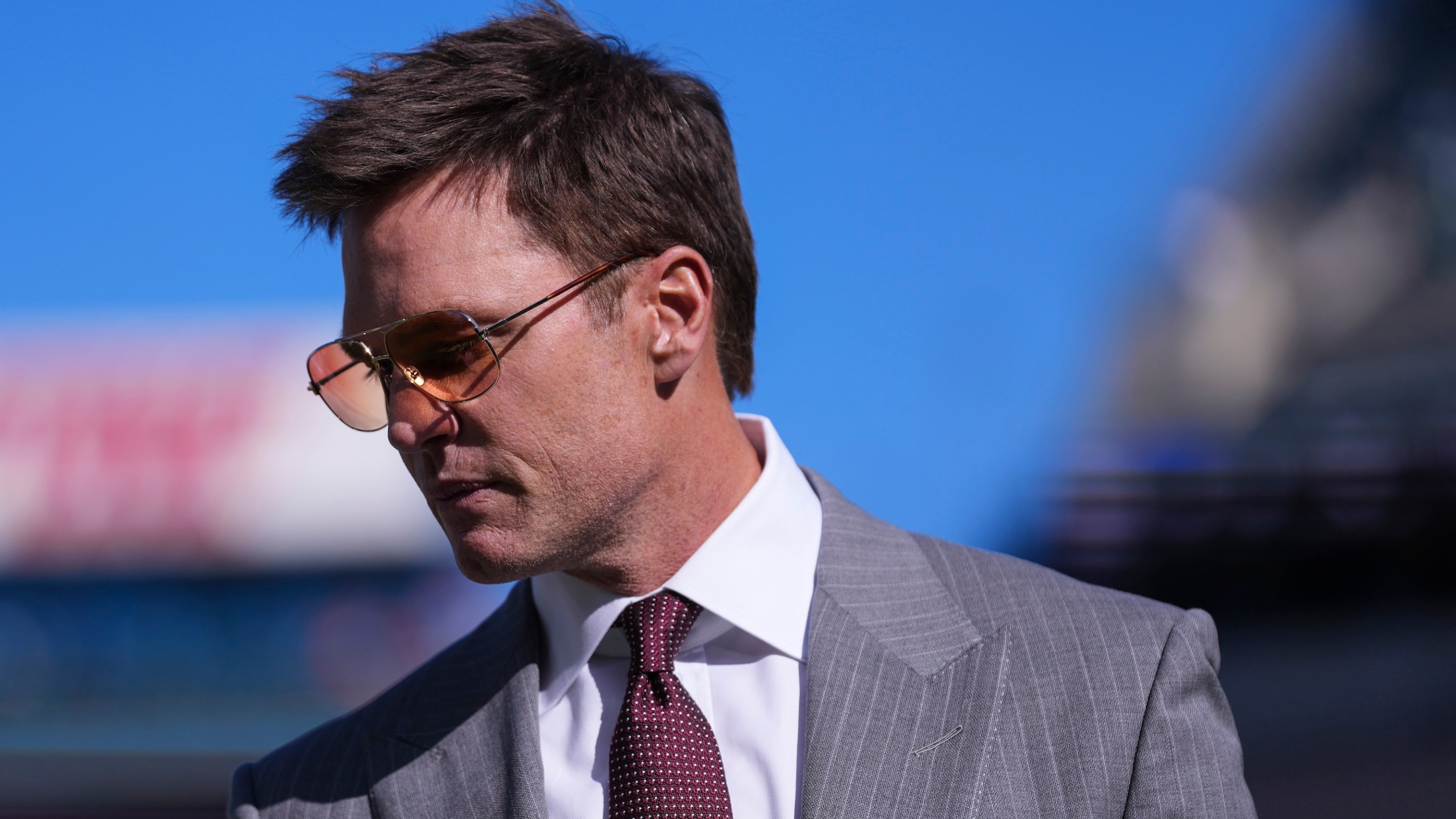PHILADELPHIA, PENNSYLVANIA - OCTOBER 26: Tom Brady looks on from the field during warmups prior to an NFL football game between the New York Giants and the Philadelphia Eagles at Lincoln Financial Field on October 26, 2025 in Philadelphia, Pennsylvania. (Photo by Perry Knotts/Getty Images)