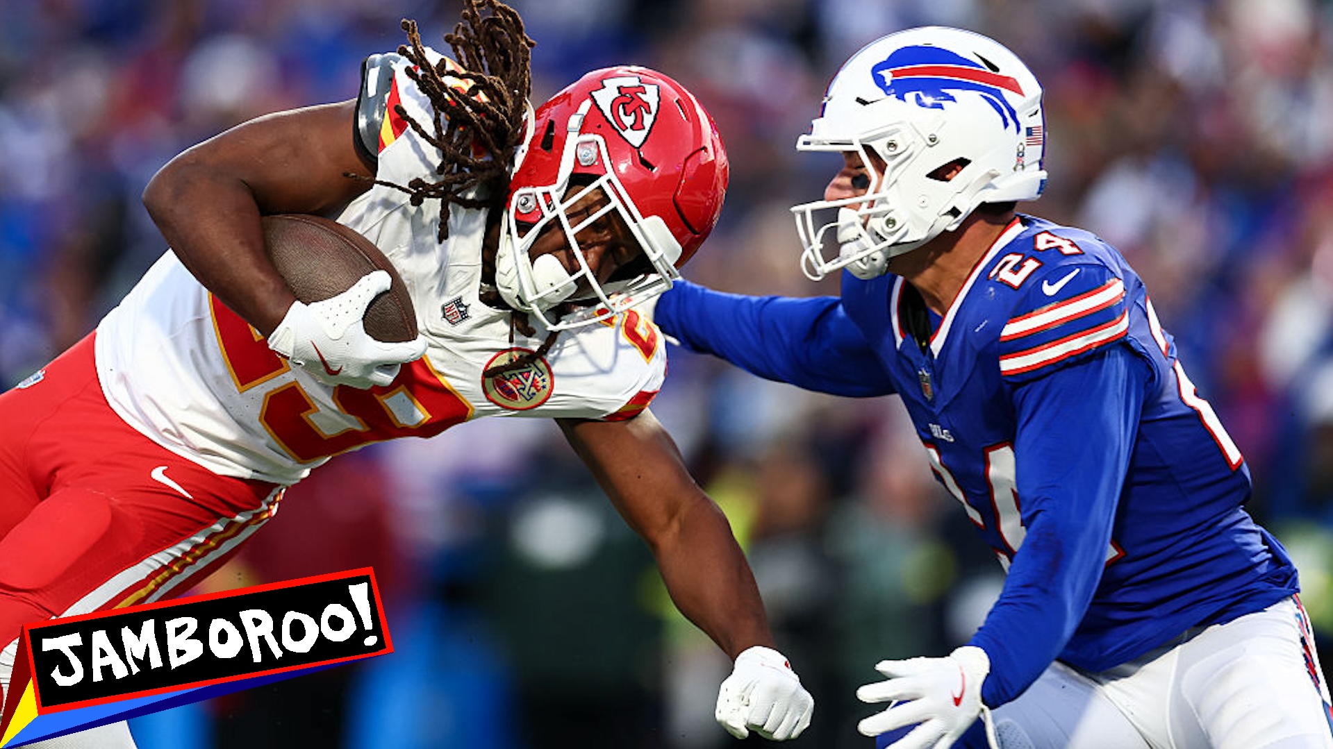 Kareem Hunt #29 of the Kansas City Chiefs runs with the ball against Cole Bishop #24 of the Buffalo Bills during the game at Highmark Stadium on November 2, 2025 in Orchard Park, New York.