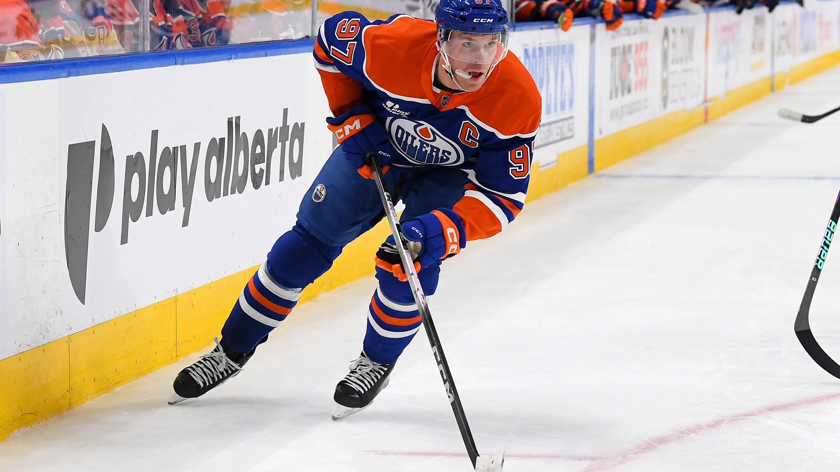 Connor McDavid #97 of the Edmonton Oilers carries the puck in the offensive zone