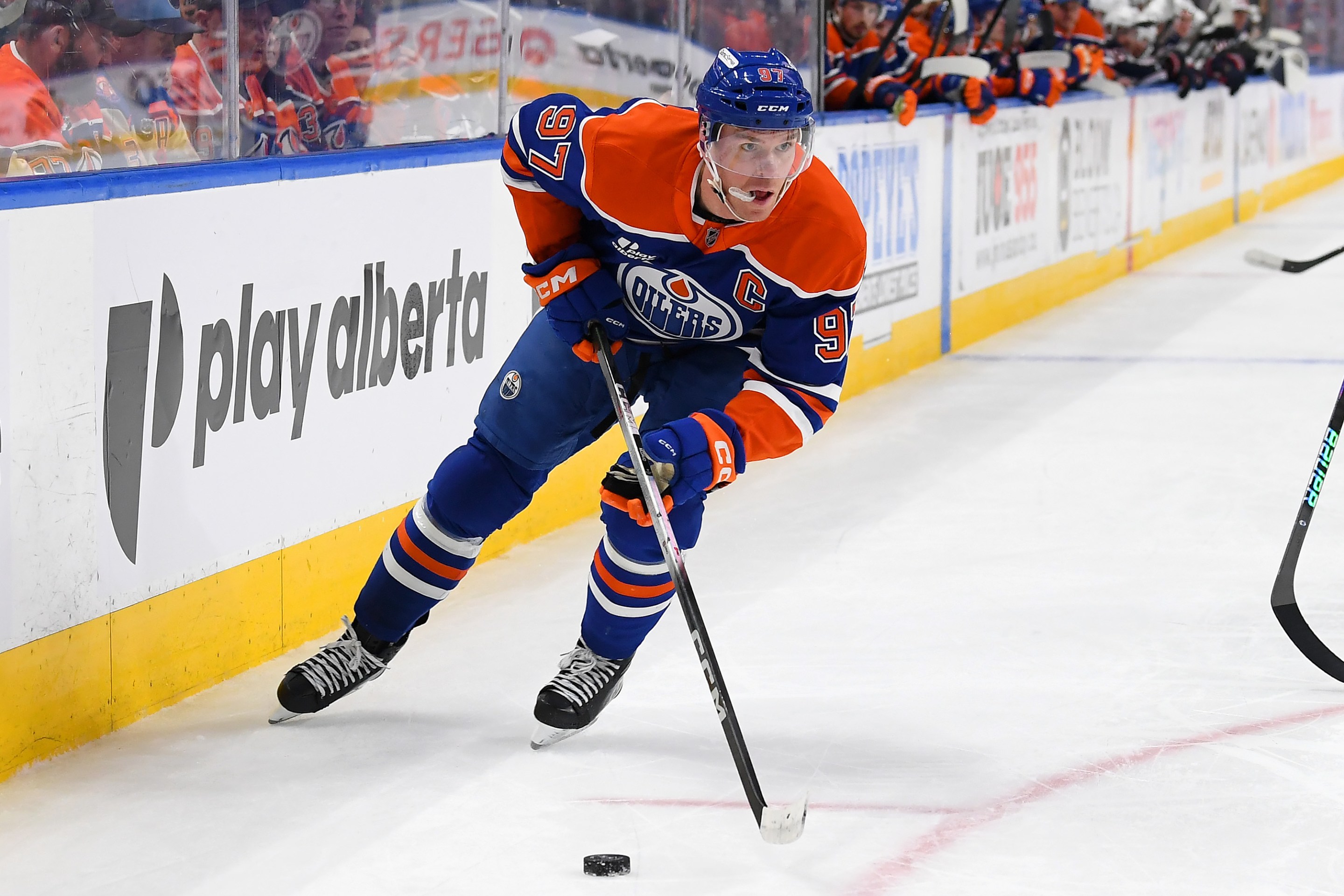 Connor McDavid #97 of the Edmonton Oilers carries the puck in the offensive zone