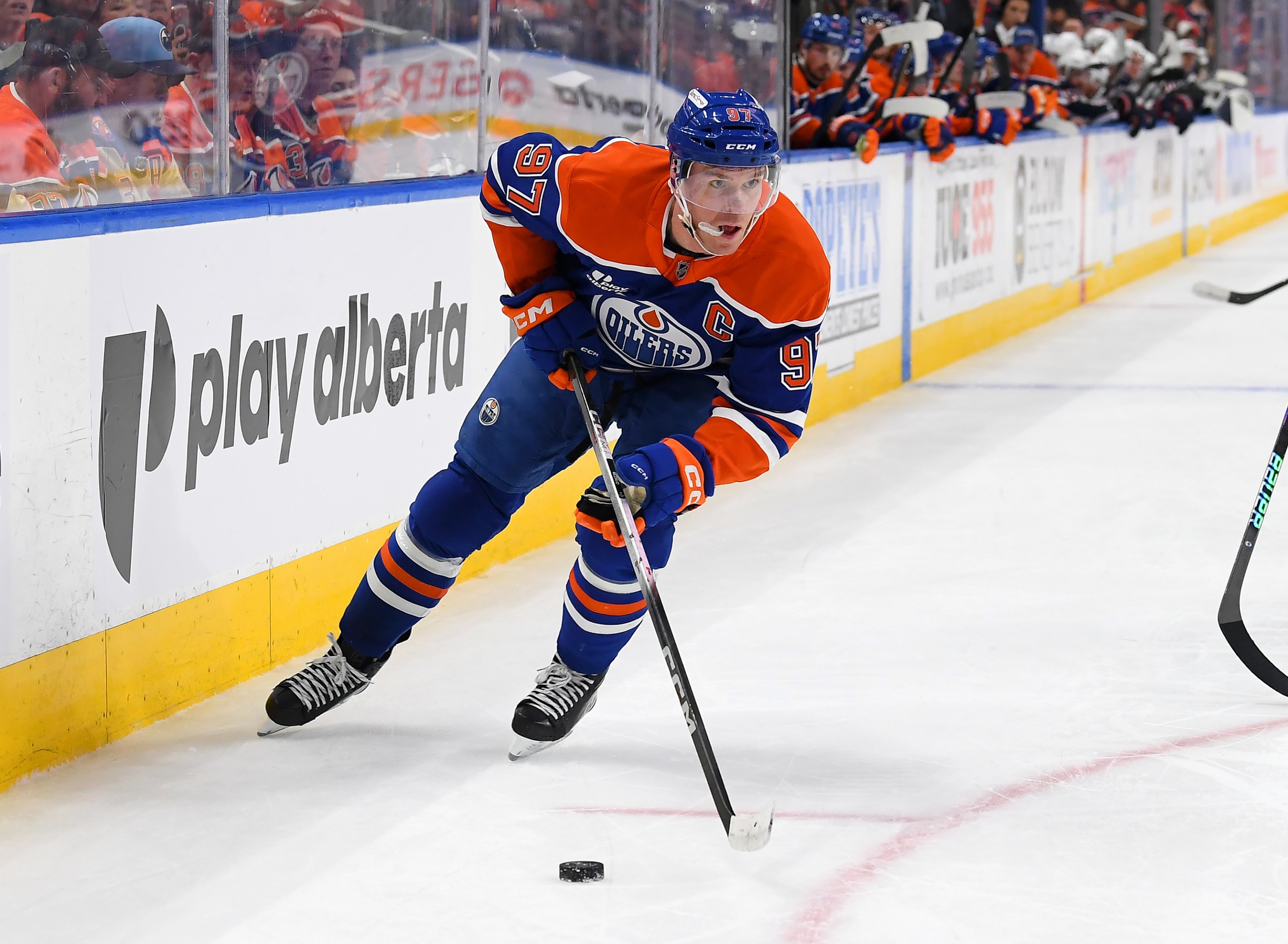 Connor McDavid #97 of the Edmonton Oilers carries the puck in the offensive zone