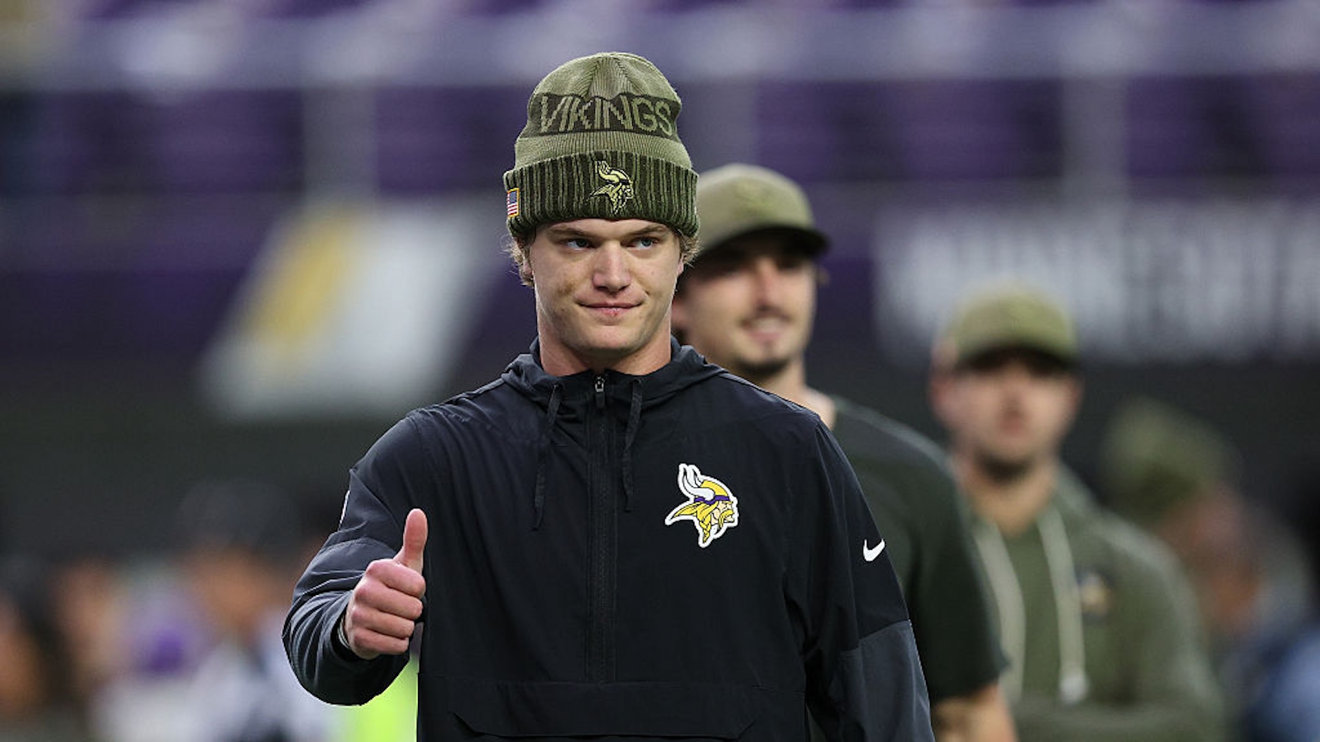 J.J. McCarthy #9 of the Minnesota Vikings looks on during warmups before the game against the Baltimore Ravens at U.S. Bank Stadium on November 09, 2025 in Minneapolis, Minnesota.
