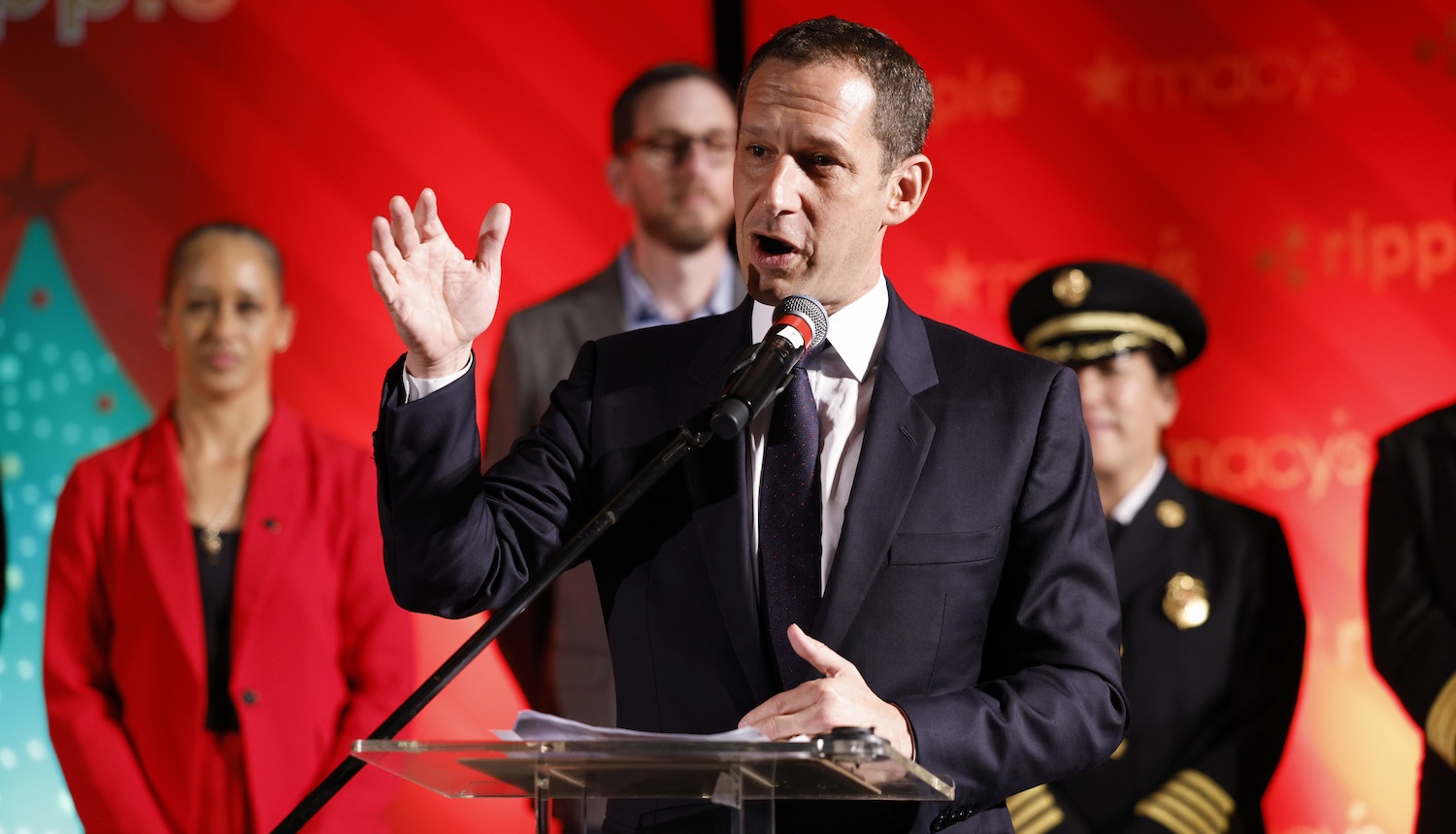 SAN FRANCISCO, CALIFORNIA - NOVEMBER 10: Daniel Lurie, San Francisco Mayor attends 36th Annual Macy's Great Tree celebration presented by Ripple Lighting Ceremony at Union Square on November 10, 2025 in San Francisco, California. (Photo by Kimberly White/Getty Images for Macy's)