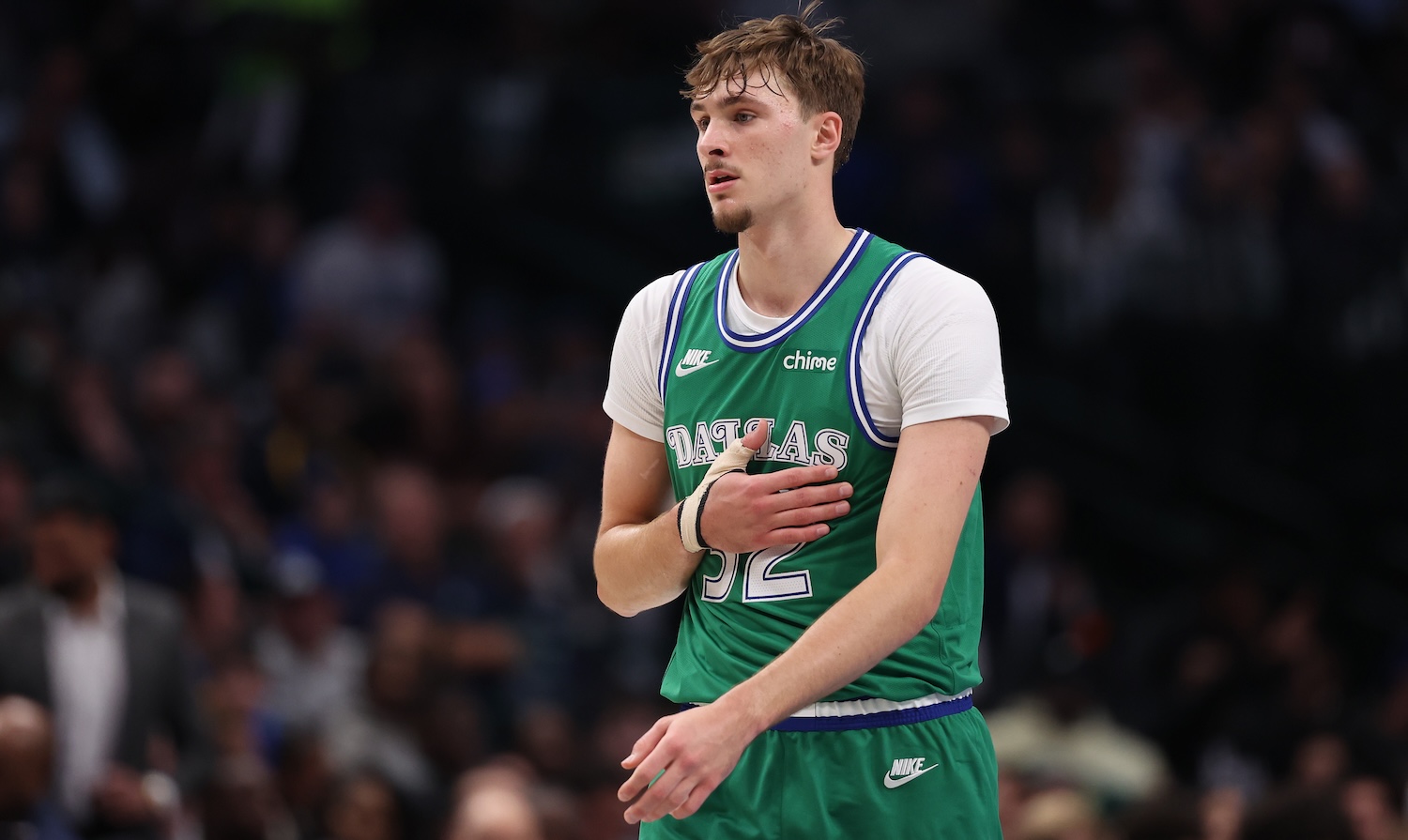 DALLAS, TEXAS - NOVEMBER 10: Cooper Flagg #32 of the Dallas Mavericks looks on during the first half against the Milwaukee Bucks at American Airlines Center on November 10, 2025 in Dallas, Texas. NOTE TO USER: User expressly acknowledges and agrees that, by downloading and or using this photograph, User is consenting to the terms and conditions of the Getty Images License Agreement. (Photo by Sam Hodde/Getty Images)