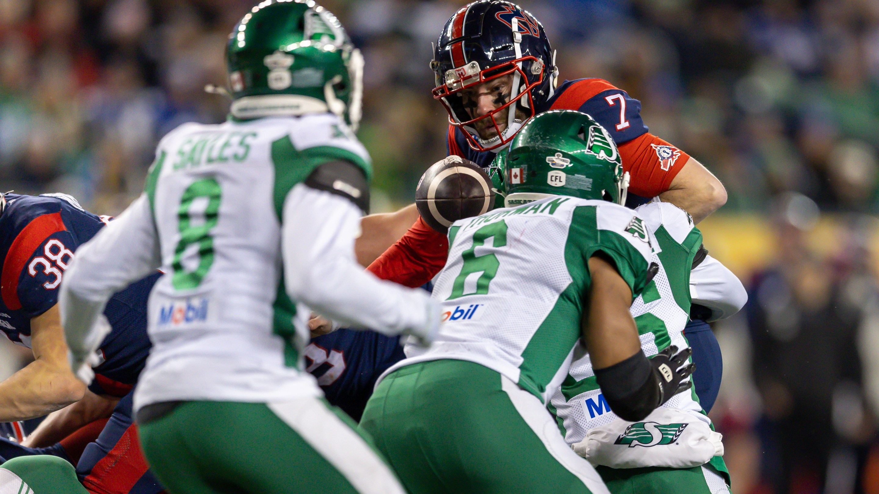 Shea Patterson #7 of the Montreal Alouettes fumbles the ball at the goal line the 112th Grey Cup game between the Montreal Alouettes and Saskatchewan Roughriders