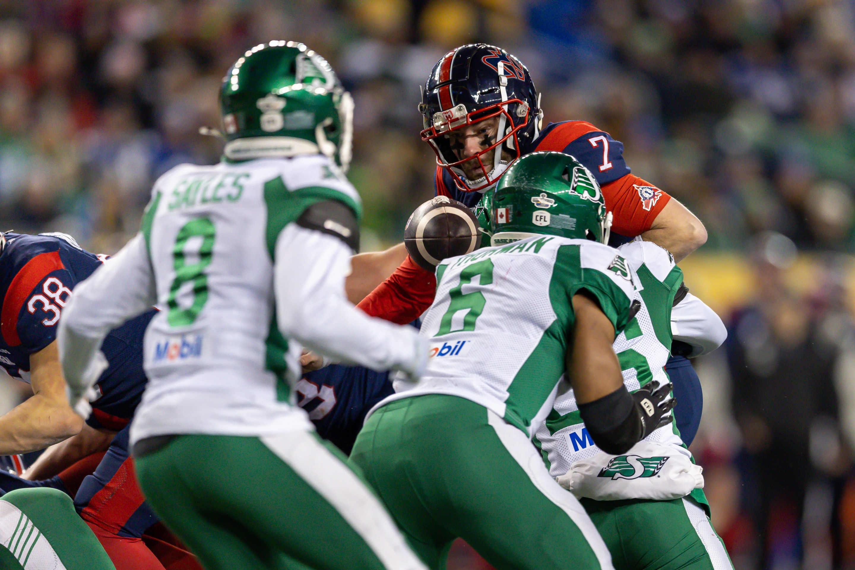 Shea Patterson #7 of the Montreal Alouettes fumbles the ball at the goal line the 112th Grey Cup game between the Montreal Alouettes and Saskatchewan Roughriders