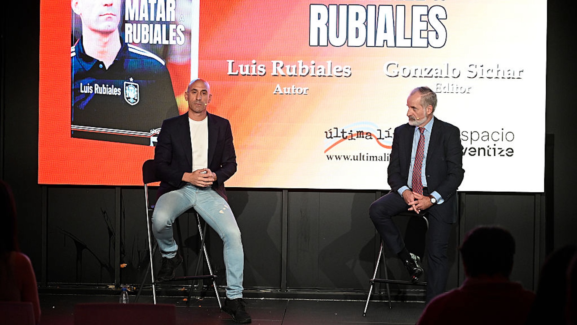 Luis Rubiales and editor Gonzalo Sichar speak during the presentation of "Matar a Rubiales"on November 13, 2025, in Madrid, Spain. The former president of the RFEF presents his book "Matar a Rubiales" in which he tells his version of events about the non-consensual kiss to Jenni Hermoso.