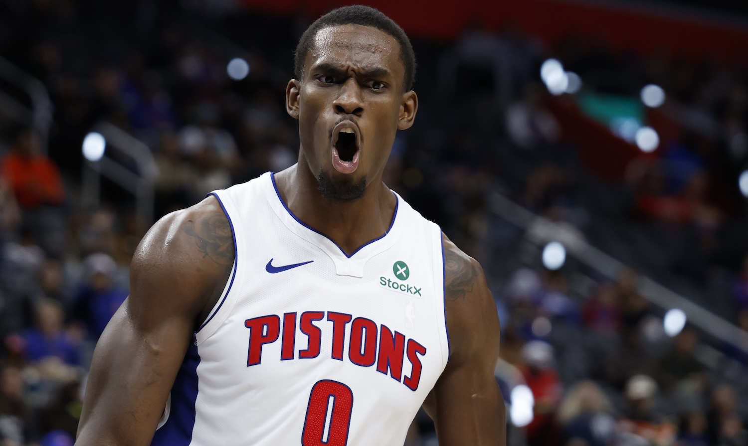 DETROIT, MICHIGAN - NOVEMBER 17: Jalen Duren #0 of the Detroit Pistons reacts after he dunks in the first half against the Indiana Pacers at Little Caesars Arena on November 17, 2025 in Detroit, Michigan. NOTE TO USER: User expressly acknowledges and agrees that, by downloading and or using this photograph, User is consenting to the terms and conditions of the Getty Images License Agreement. (Photo by Rick Osentoski/Getty Images)