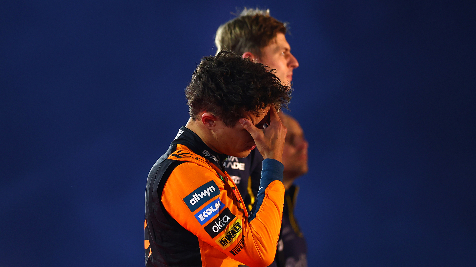 Second placed Lando Norris of Great Britain and McLaren (later disqualified) on the podium during the F1 Grand Prix of Las Vegas at Las Vegas Strip Circuit on November 22, 2025 in Las Vegas, Nevada.
