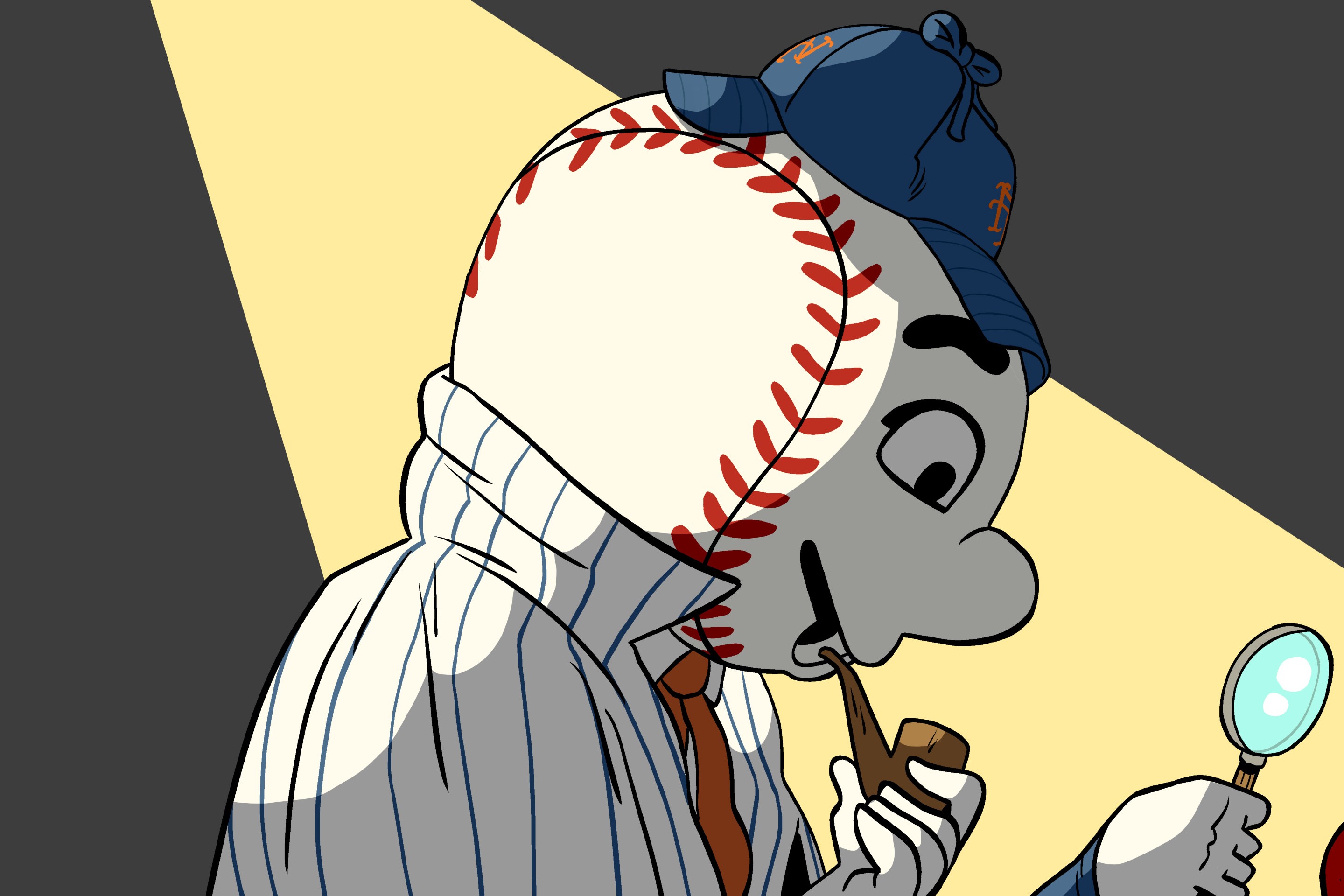 Illustration of Mr. Met wearing a deerstalker cap investigating some buttons reading "Huckle."