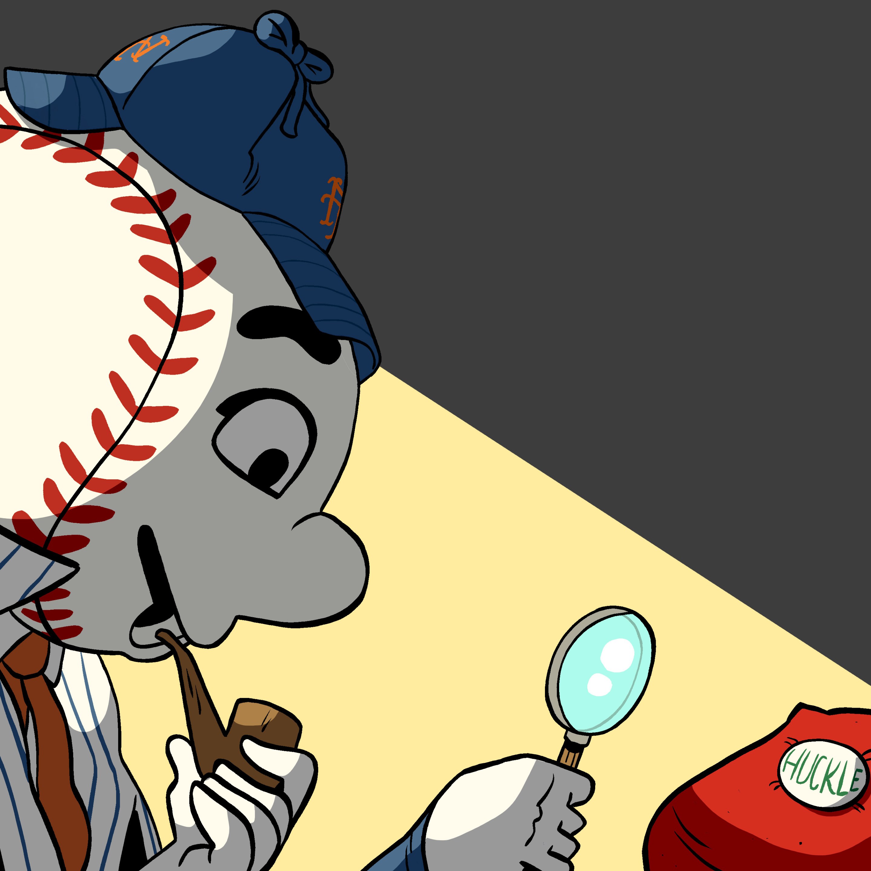 Illustration of Mr. Met wearing a deerstalker cap investigating some buttons reading "Huckle."