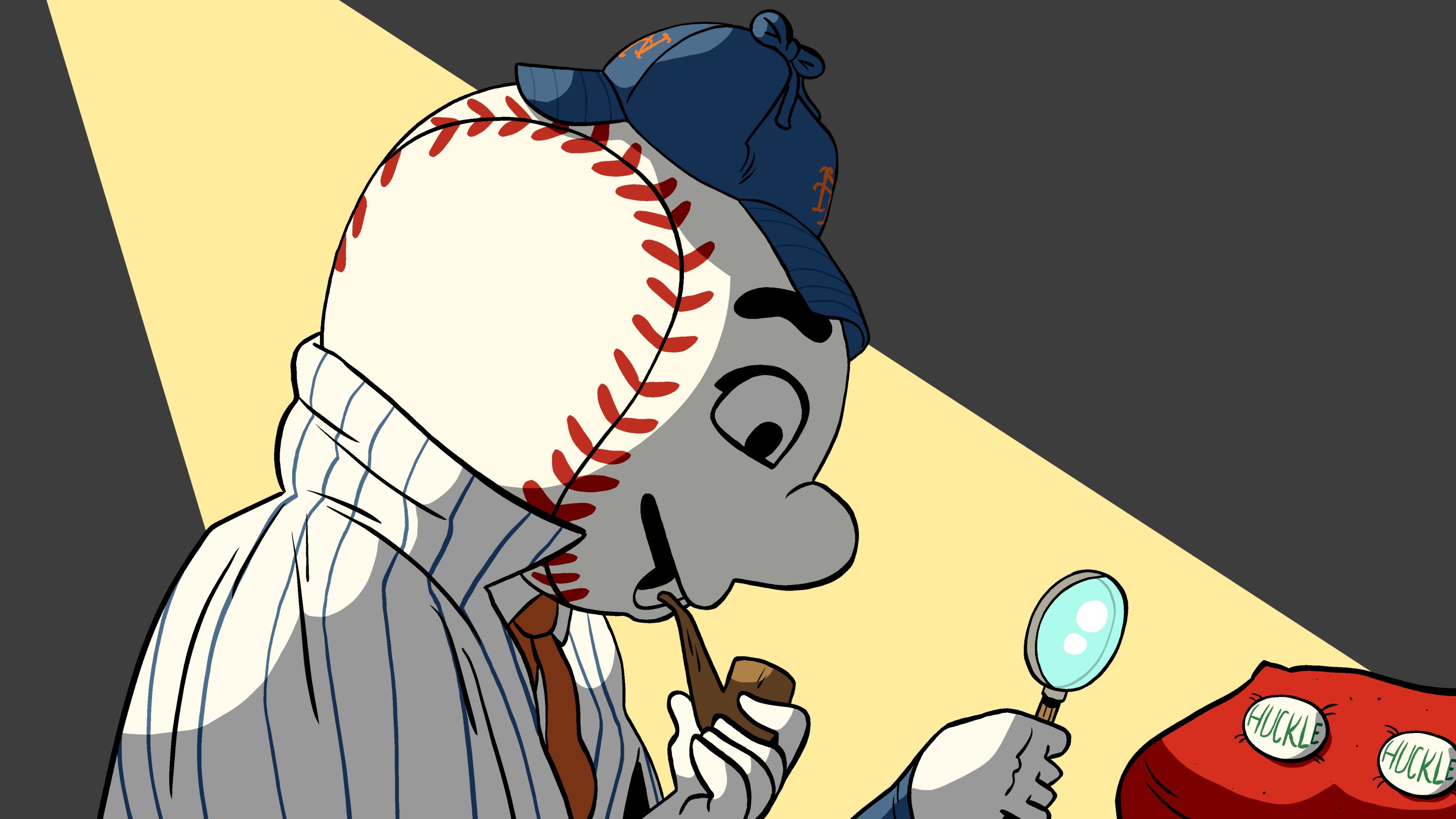 Illustration of Mr. Met wearing a deerstalker cap investigating some buttons reading "Huckle."