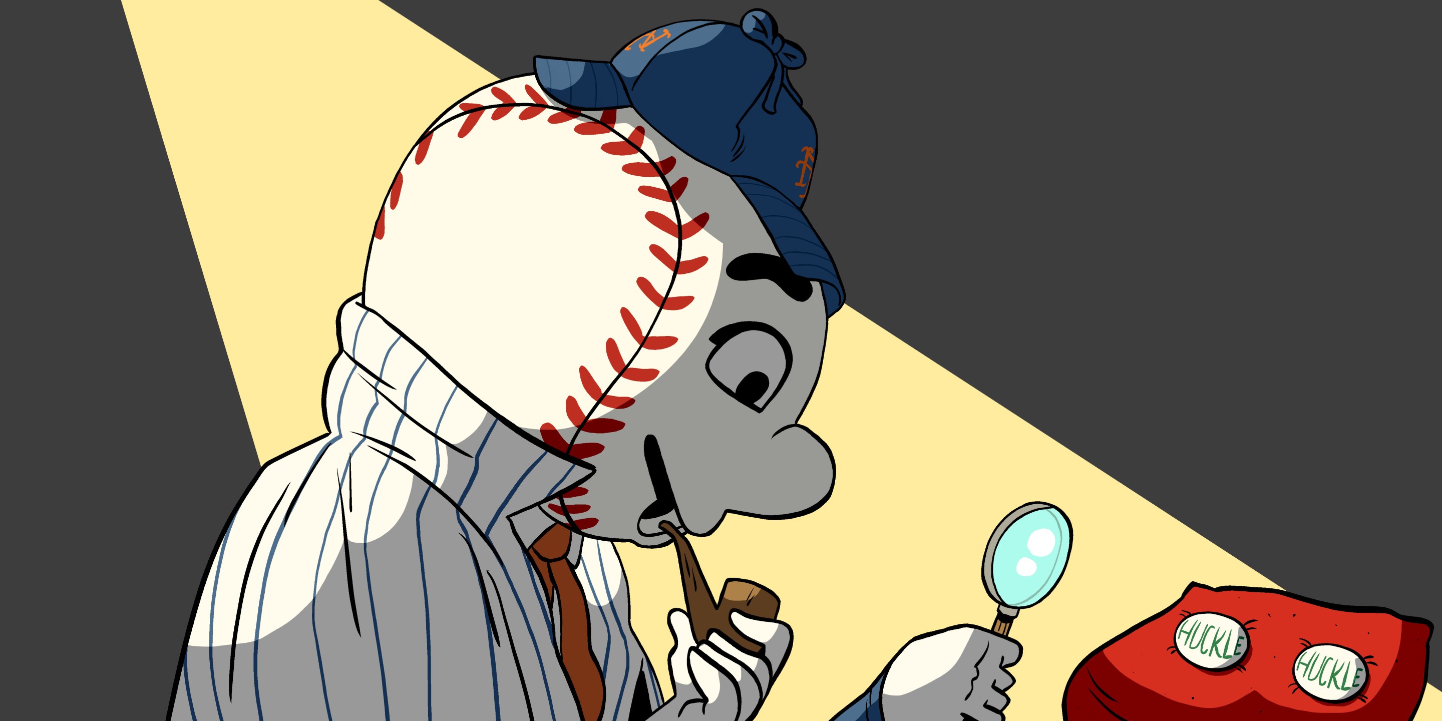 Illustration of Mr. Met wearing a deerstalker cap investigating some buttons reading "Huckle."