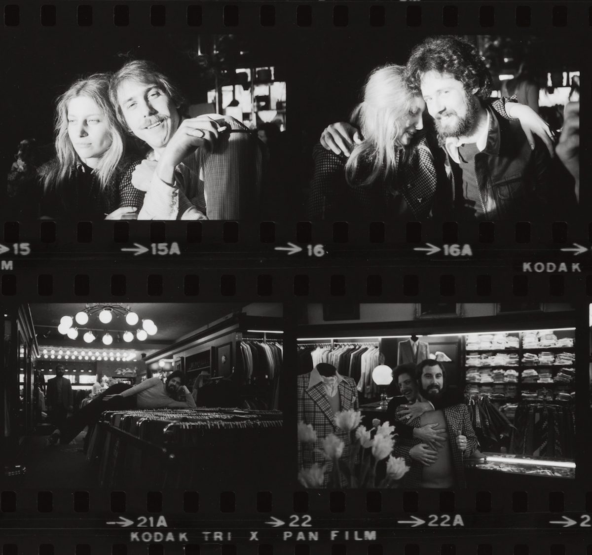 A crop of four images of people kind of partying and hanging out from Ken Ohara's "Contacts" show at The Whitney, with the relevant Whitney credit language superimposed at lower right.