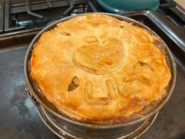 The pie is baked but still inside the tin.