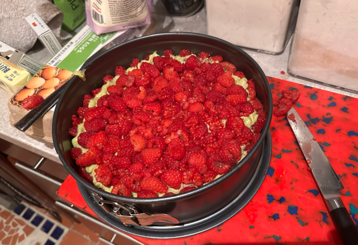 raspberries inside a cake tin