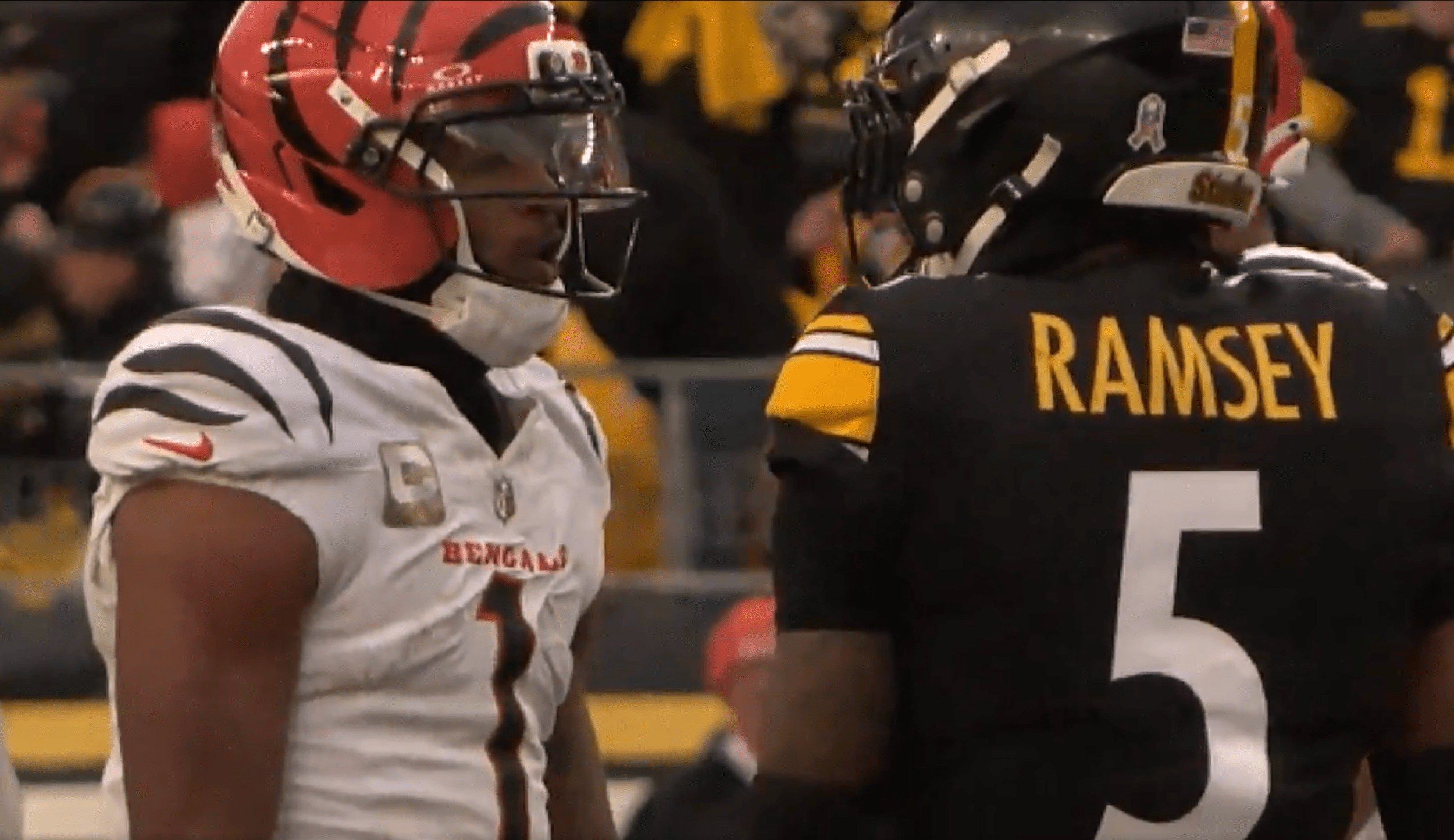 Ja'Marr Chase faces Jalen Ramsey after spitting on him.