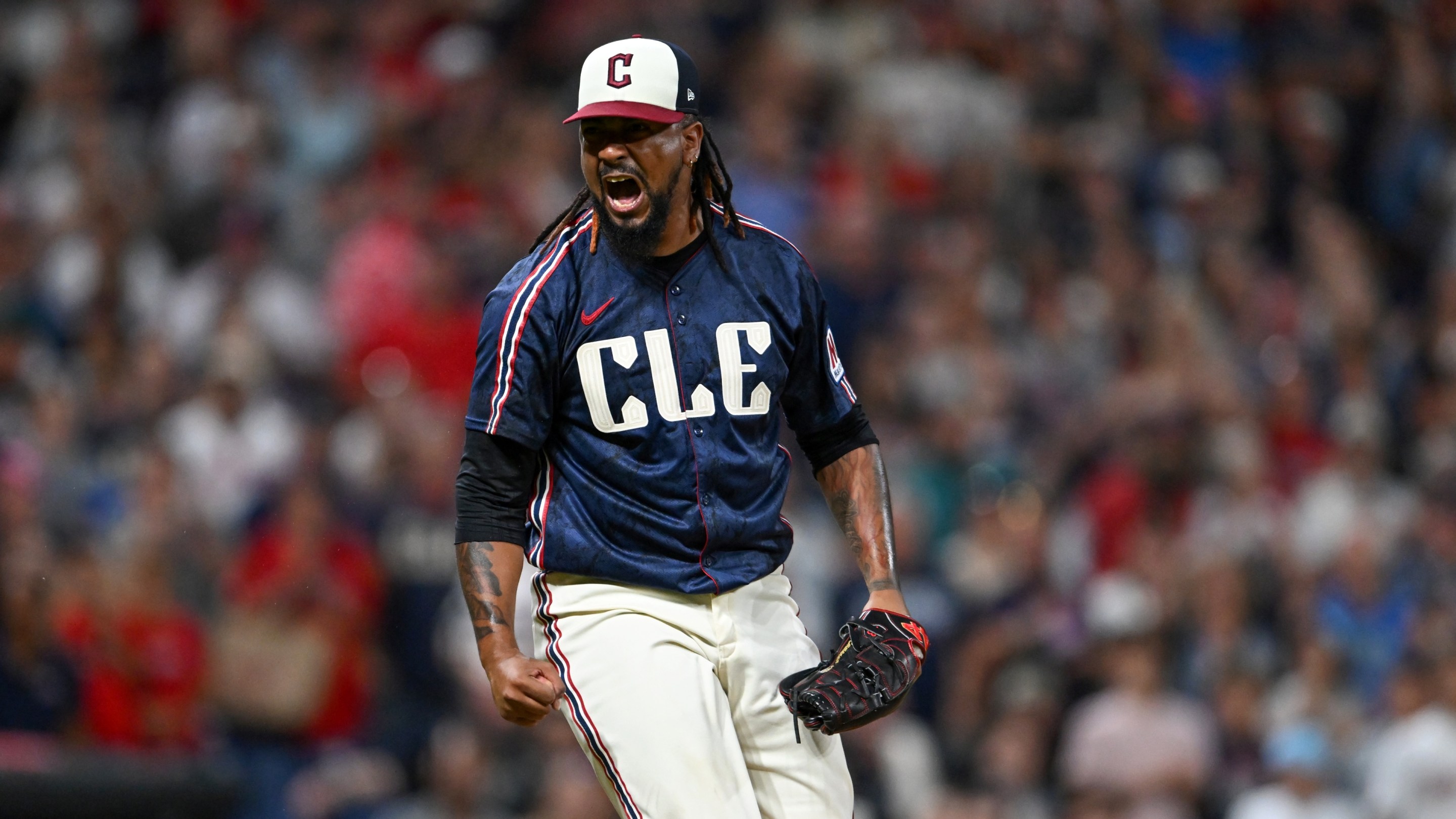 Emmanuel Clase #48 of the Cleveland Guardians celebrates the team's 8-6 win over the Athletics.