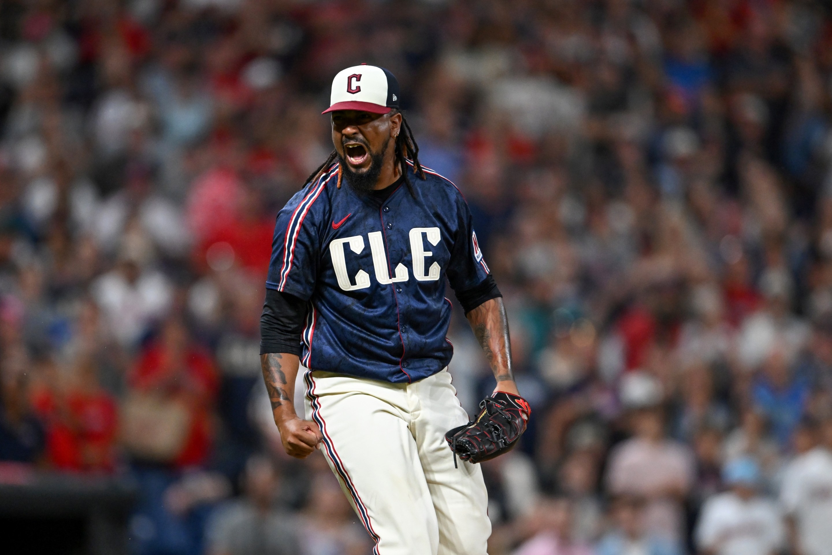 Emmanuel Clase #48 of the Cleveland Guardians celebrates the team's 8-6 win over the Athletics.