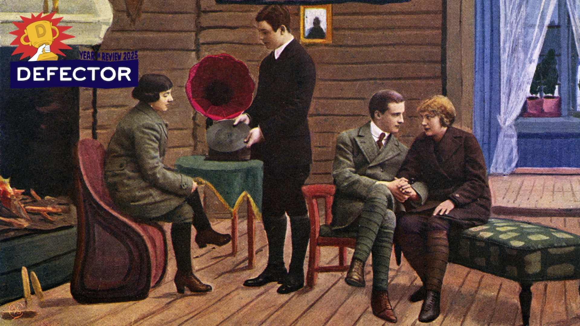 Early gramophone in photo on Norwegian postcard of young people listening to record on a gramophone, early thirties.