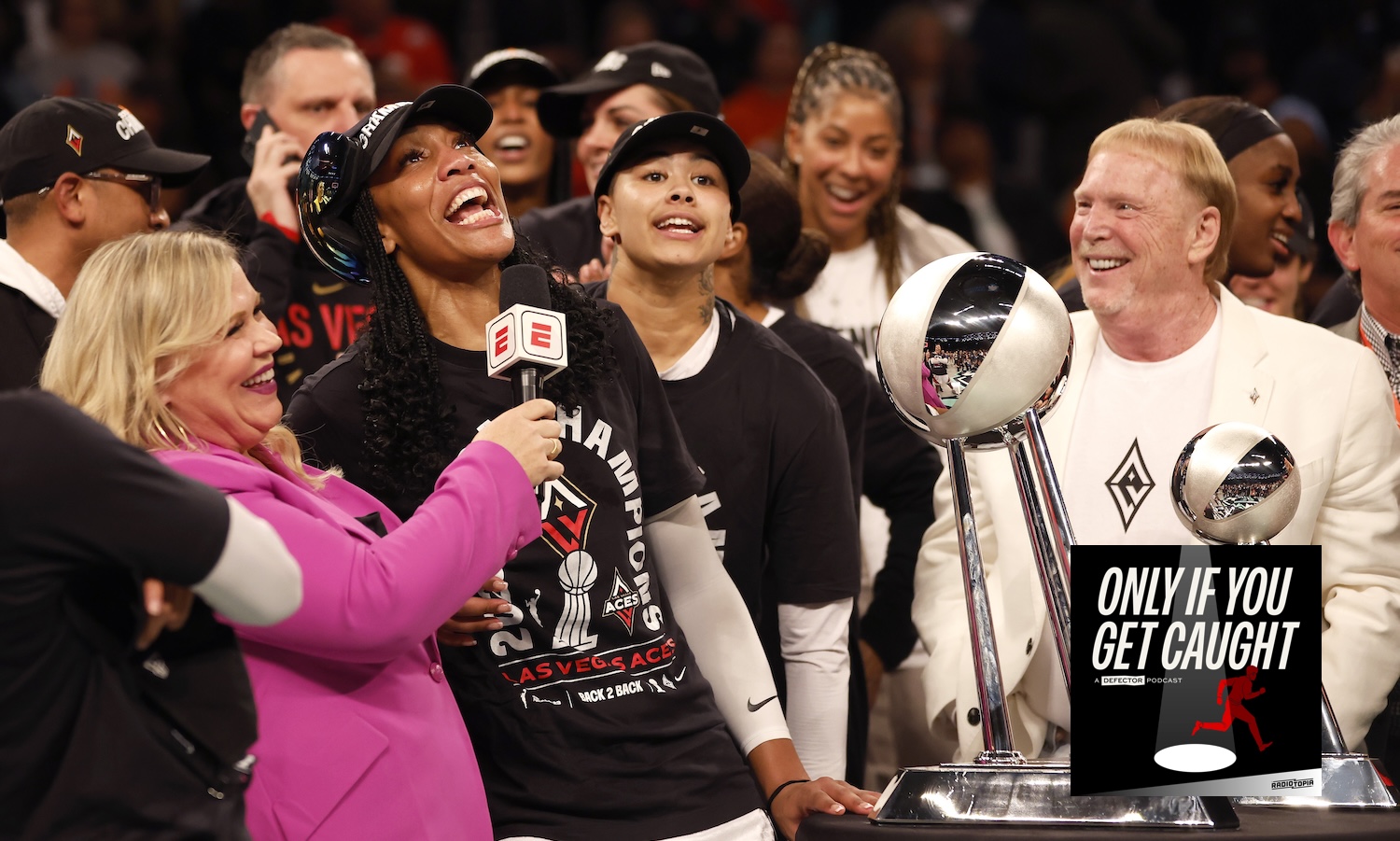 NEW YORK, NEW YORK - OCTOBER 18: A'ja Wilson #22 of the Las Vegas Aces celebrates with her team after defeating the New York Liberty during Game Four of the 2023 WNBA Finals at Barclays Center on October 18, 2023 in New York City. The Aces defeated the Liberty 70-69. (Photo by Sarah Stier/Getty Images)