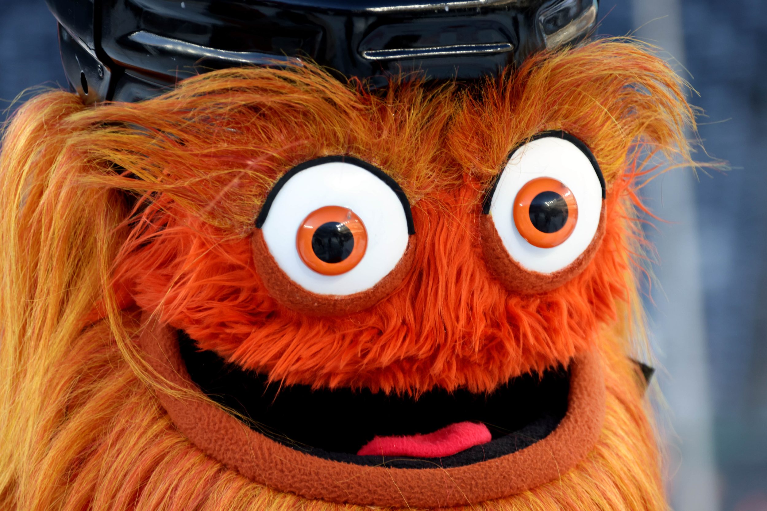 close up of Gritty's face with his big eyeballs looking at you