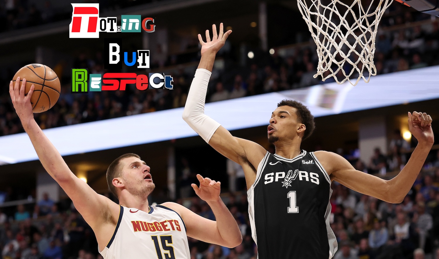 DENVER, COLORADO - APRIL 02: Nikola Jokic #15 of the Denver Nuggets goes to the basket against Victor Wembanyama #1 of the San Antonio Spurs during the first quarter at Ball Arena on April 02, 2024 in Denver, Colorado. NOTE TO USER: User expressly acknowledges and agrees that, by downloading and or using this photograph, User is consenting to the terms and conditions of the Getty Images License Agreement. (Photo by Matthew Stockman/Getty Images)