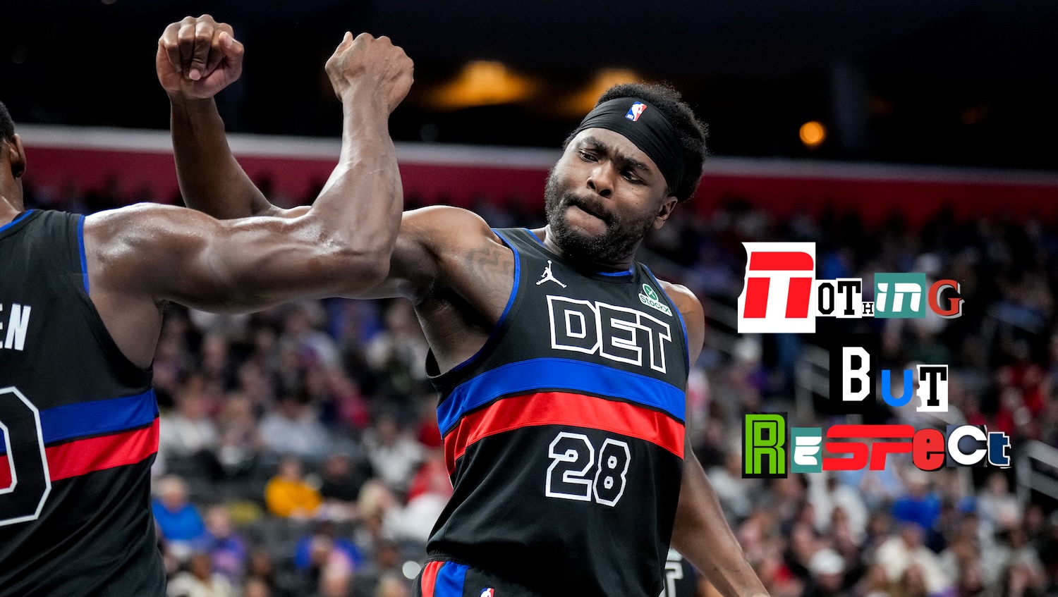 DETROIT, MICHIGAN - NOVEMBER 28: Jalen Duren #0 and Isaiah Stewart #28 of the Detroit Pistons celebrate against the Orlando Magic during the first quarter at Little Caesars Arena on November 28, 2025 in Detroit, Michigan. NOTE TO USER: User expressly acknowledges and agrees that, by downloading and or using this photograph, User is consenting to the terms and conditions of the Getty Images License Agreement. (Photo by Nic Antaya/Getty Images)