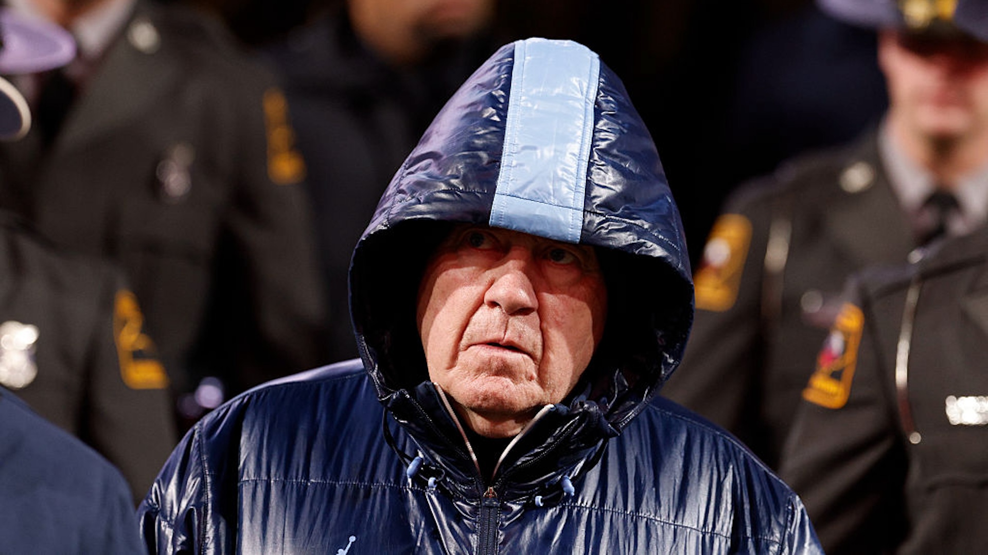 Head coach Bill Belichick of the North Carolina Tar Heels walks onto the field prior to the game against the NC State Wolfpack at Carter-Finley Stadium on November 29, 2025 in Raleigh, North Carolina.