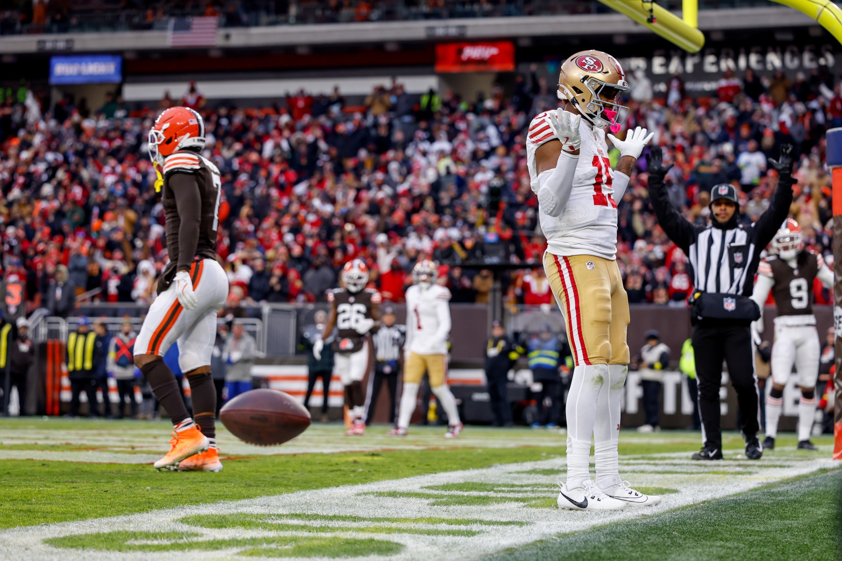 CLEVELAND, OHIO - NOVEMBER 30: Jauan Jennings #15 of the San Francisco 49ers celebrates after scoring touchdown during the fourth quarter of the NFL 2025 game against the Cleveland Browns at Huntington Bank Field on November 30, 2025 in Cleveland, Ohio. (Photo by Lauren Leigh Bacho/Getty Images)