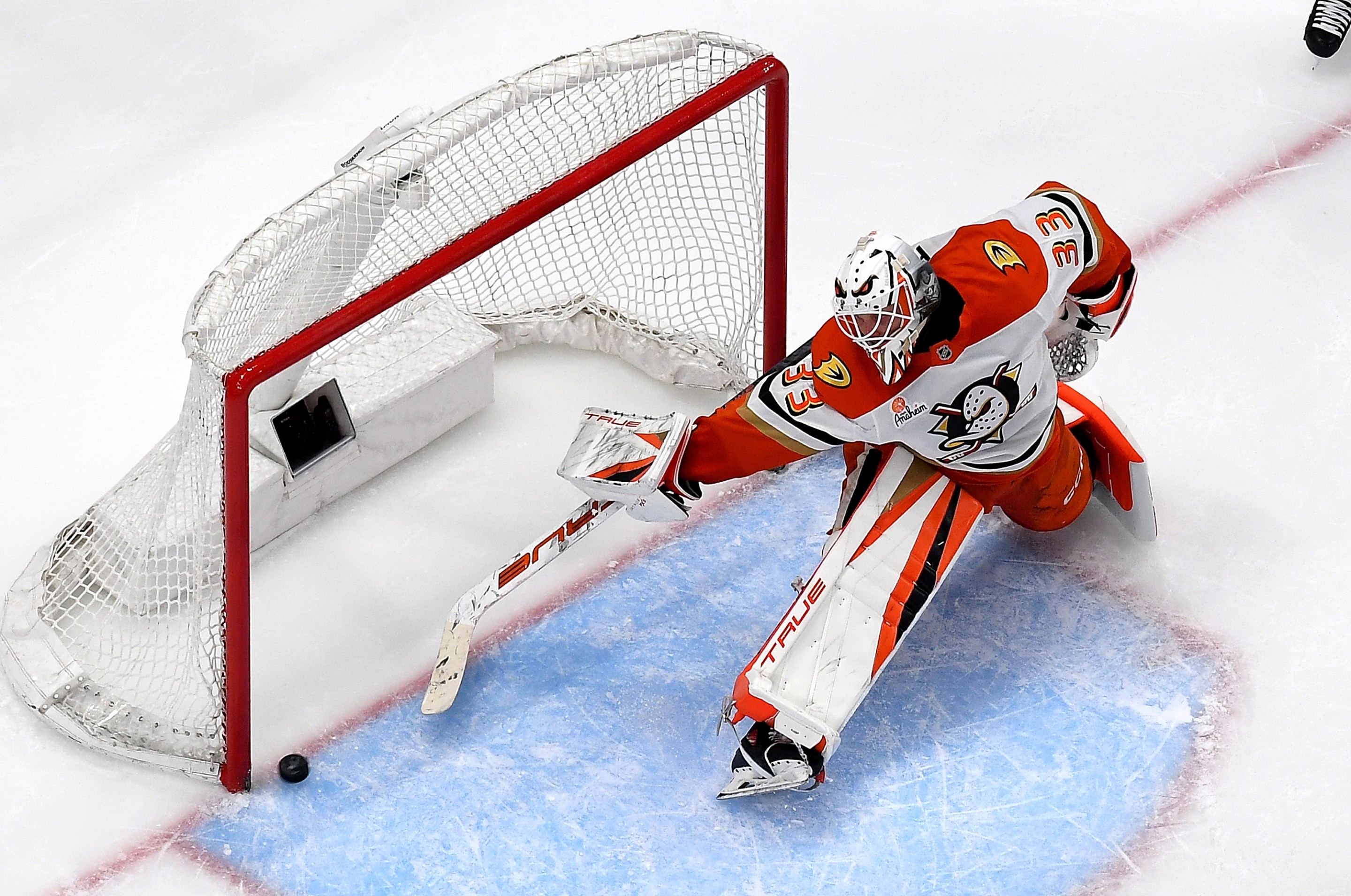 PITTSBURGH, PA - DECEMBER 9: Ville Husso #33 of the Anaheim Ducks protects the net against the Pittsburgh Penguins at PPG PAINTS Arena on December 9, 2025 in Pittsburgh, Pennsylvania. (Photo by Joe Sargent/NHLI via Getty Images)