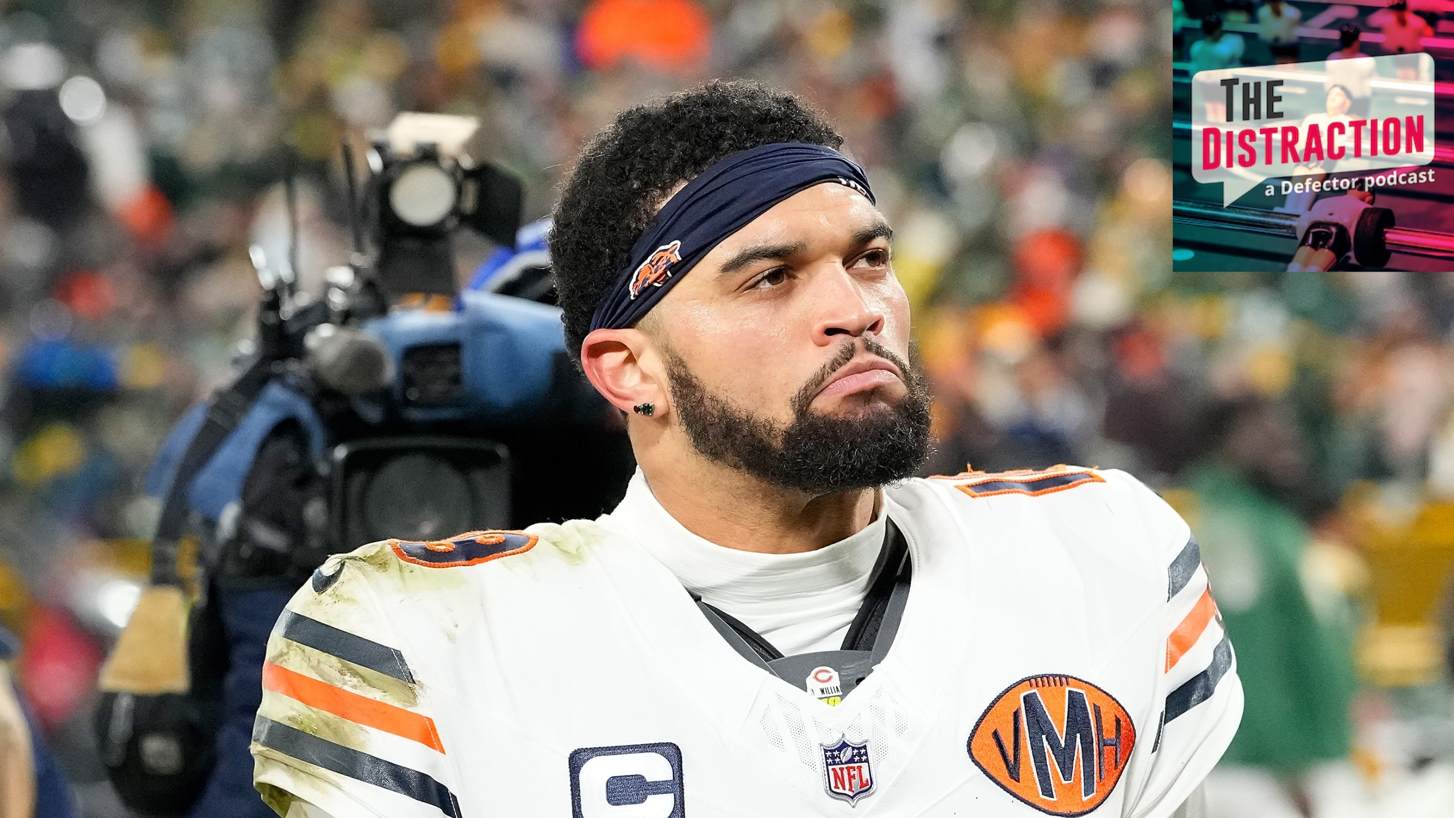 Caleb Williams of the Chicago Bears walks off the field after a loss to the Green Bay Packers at Lambeau Field on December 7, 2025 in Green Bay, Wisconsin.