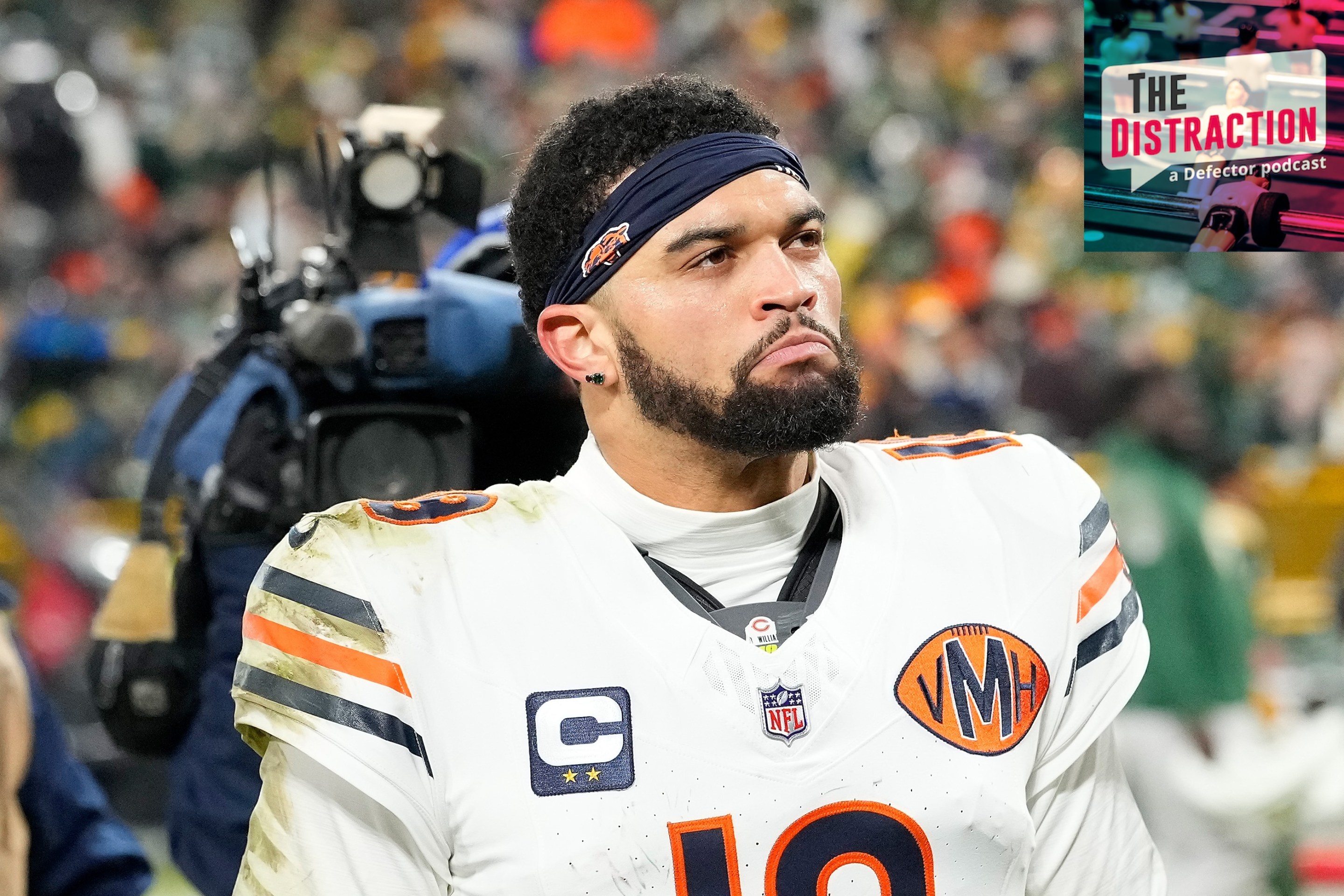 Caleb Williams of the Chicago Bears walks off the field after a loss to the Green Bay Packers at Lambeau Field on December 7, 2025 in Green Bay, Wisconsin.