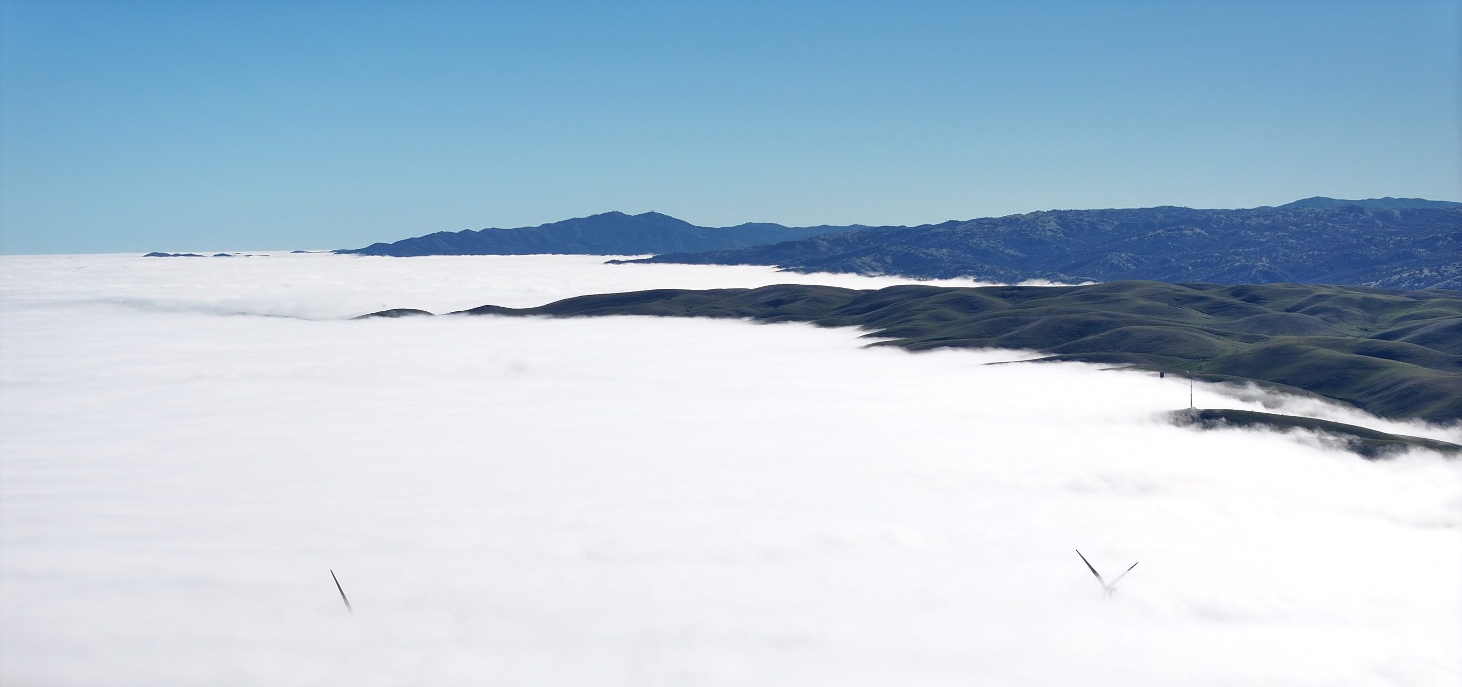 LIVERMORE, CALIFORNIA - DECEMBER 13: A view of dense fog over Interstate Highway 580 (I-580) and wind turbines in Livermore, California, United States on December 13, 2025. (Photo by Tayfun Coskun/Anadolu via Getty Images)