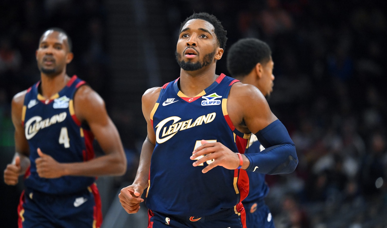 CLEVELAND, OHIO - DECEMBER 06: Donovan Mitchell #45 of the Cleveland Cavaliers runs down court during the third quarter against the Golden State Warriors at Rocket Arena on December 06, 2025 in Cleveland, Ohio. The Warriors defeated the Cavaliers 99-94. NOTE TO USER: User expressly acknowledges and agrees that, by downloading and or using this photograph, User is consenting to the terms and conditions of the Getty Images License Agreement. (Photo by Jason Miller/Getty Images)