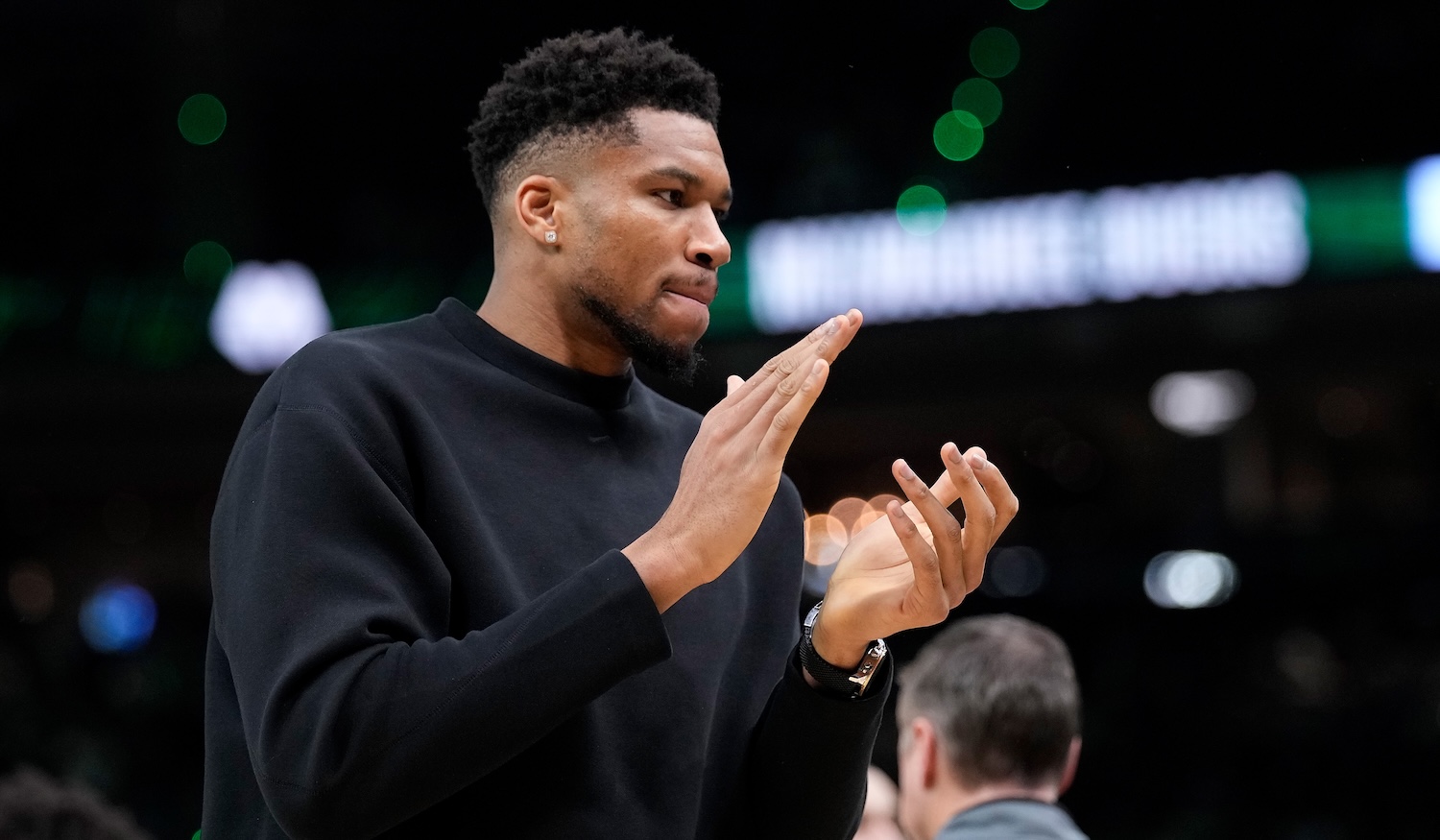 MILWAUKEE, WISCONSIN - DECEMBER 11: Giannis Antetokounmpo #34 of the Milwaukee Bucks during a timeout during the first half against the Boston Celtics at Fiserv Forum on December 11, 2025 in Milwaukee, Wisconsin. NOTE TO USER: User expressly acknowledges and agrees that, by downloading and or using this photograph, User is consenting to the terms and conditions of the Getty Images License Agreement. (Photo by John Fisher/Getty Images)