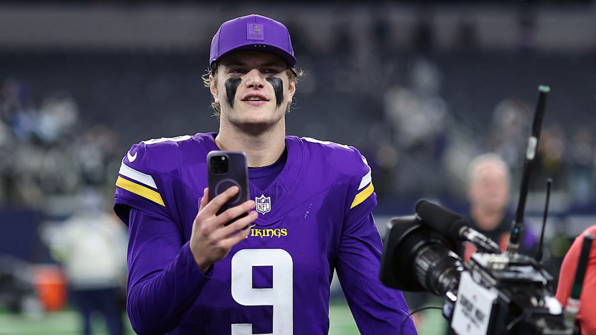 J.J. McCarthy #9 of the Minnesota Vikings leaves the field after his team defeated the Dallas Cowboys at AT&amp;T Stadium on December 14, 2025 in Arlington, Texas.
