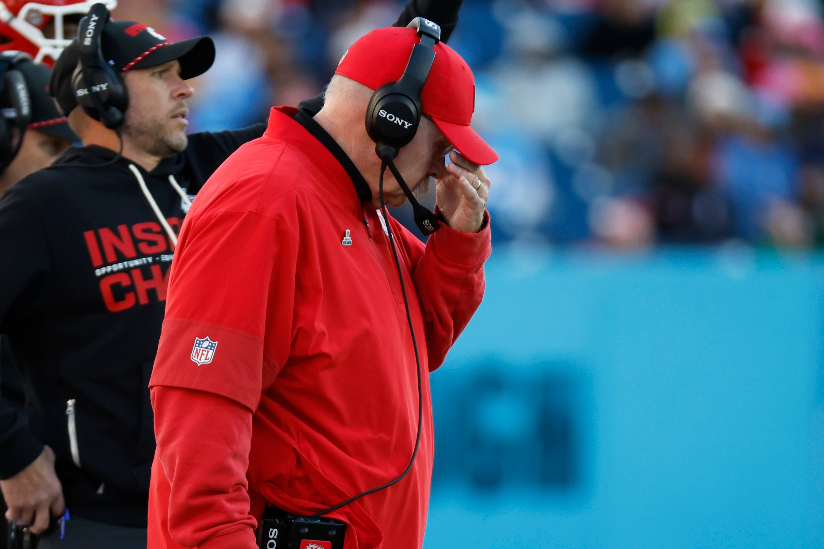 NASHVILLE, TN - DECEMBER 21: Kansas City Chiefs head coach Andy Reid rubs his head after a failed third down play during a game between the Tennessee Titans and Kansas City Chiefs, December 21, 2025, at Nissan Stadium in Nashville, Tennessee. (Photo by Matthew Maxey/Icon Sportswire via Getty Images)