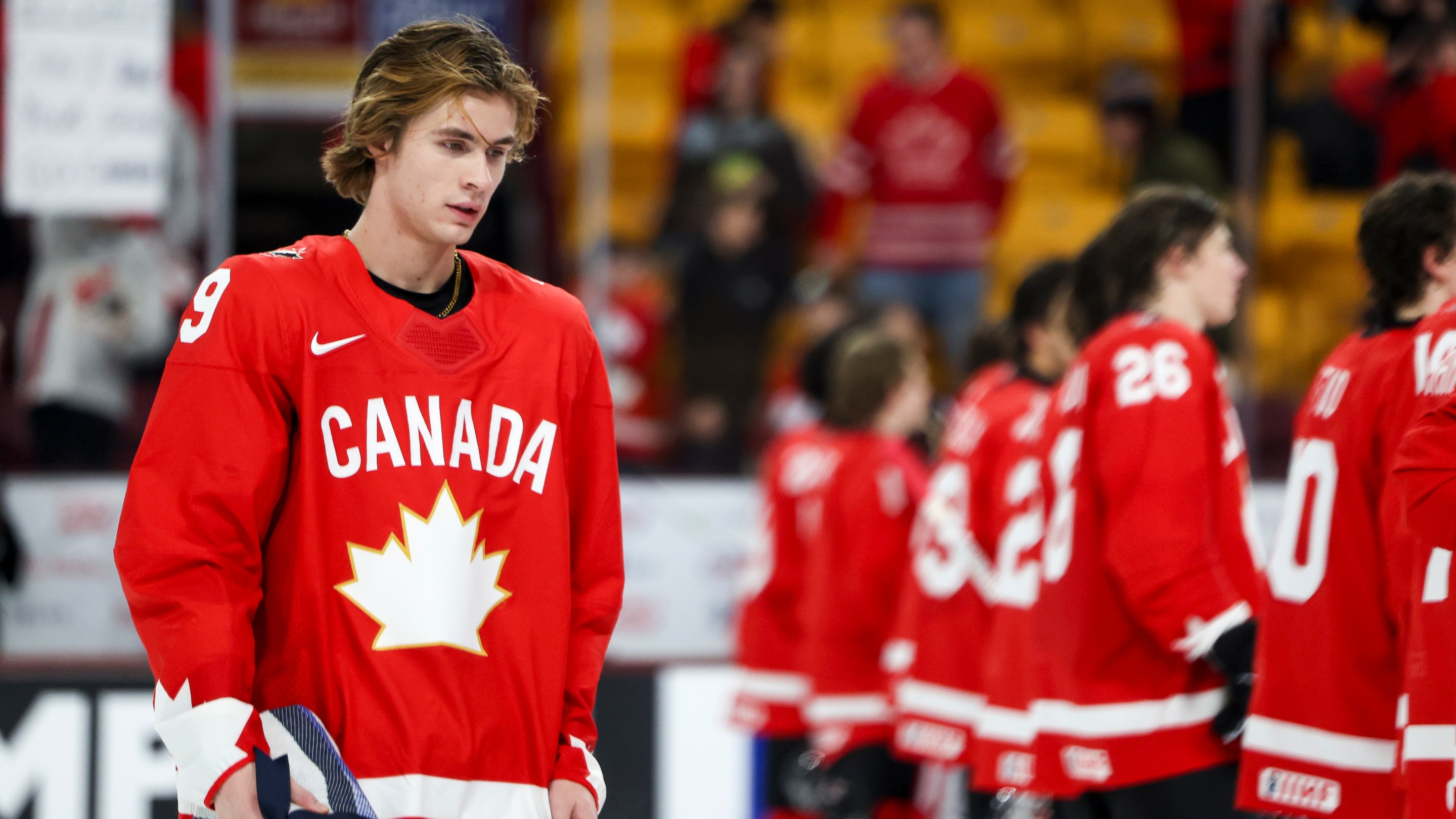 Gavin McKenna #9 of Canada reacts after winning best player for Canada during the Group B, Game 14 match against Denmark