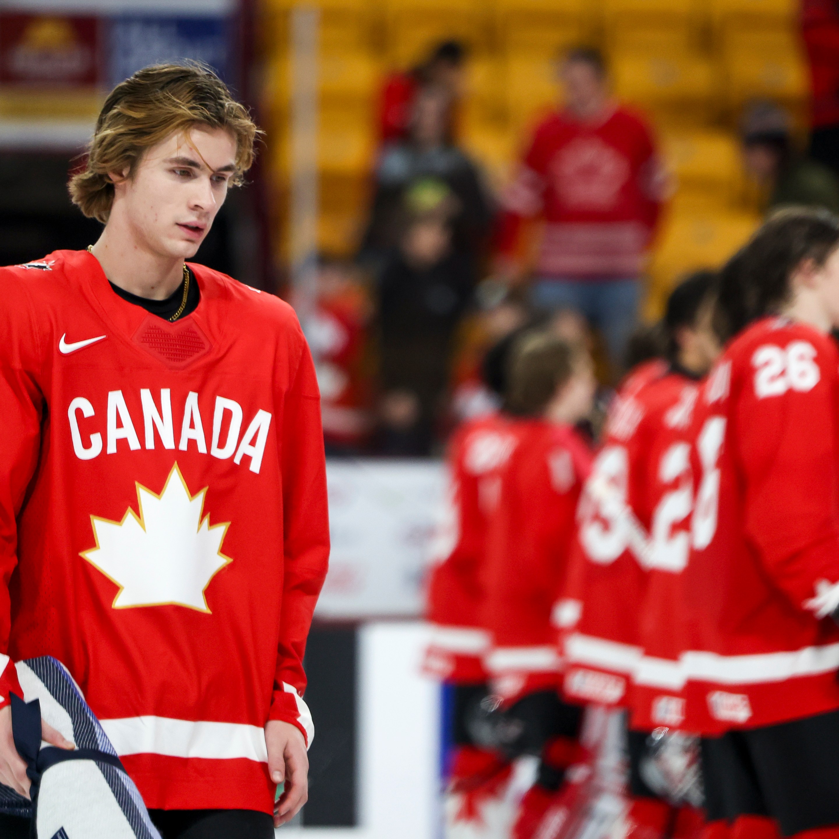 Gavin McKenna #9 of Canada reacts after winning best player for Canada during the Group B, Game 14 match against Denmark