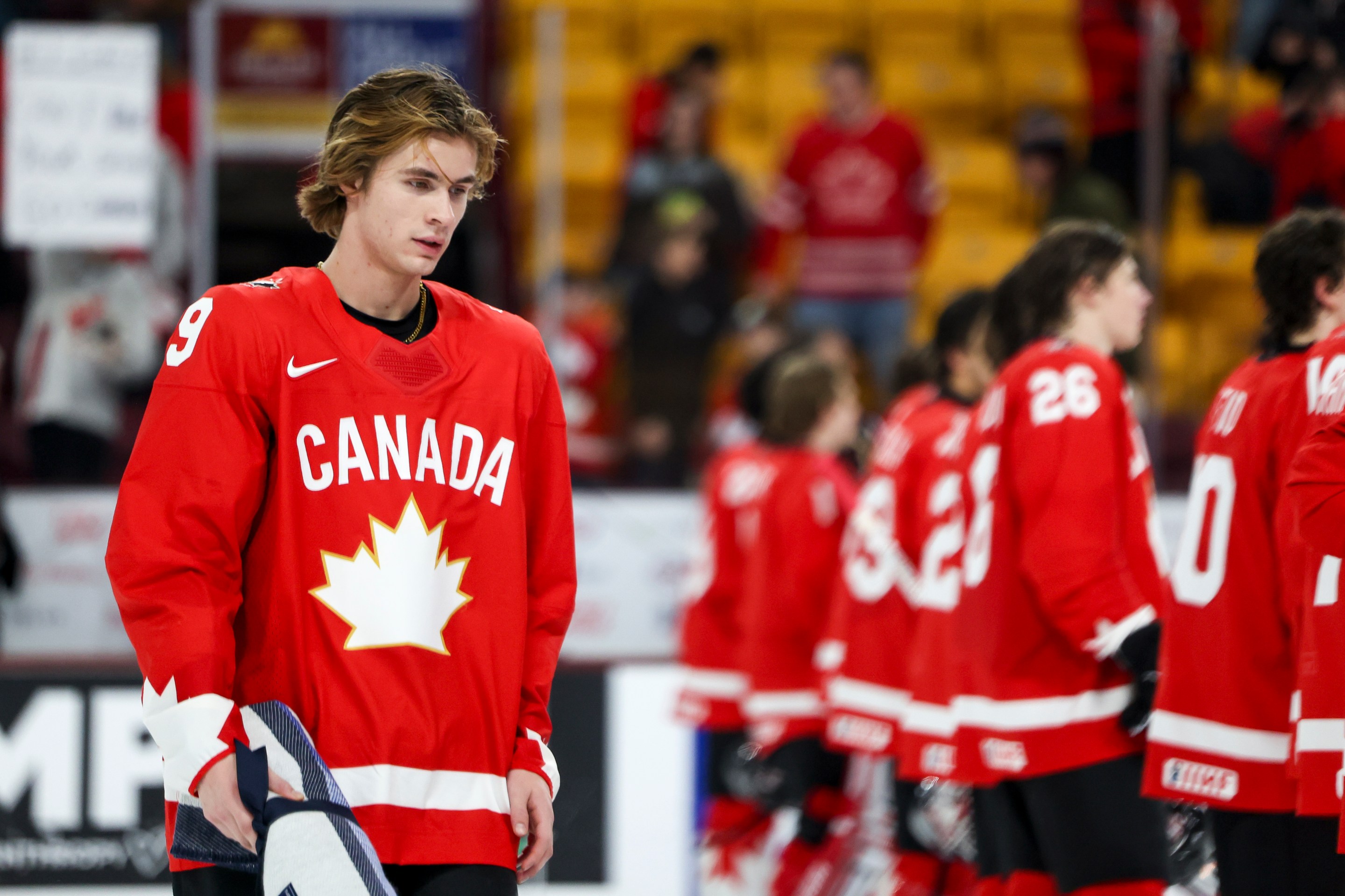 Gavin McKenna #9 of Canada reacts after winning best player for Canada during the Group B, Game 14 match against Denmark
