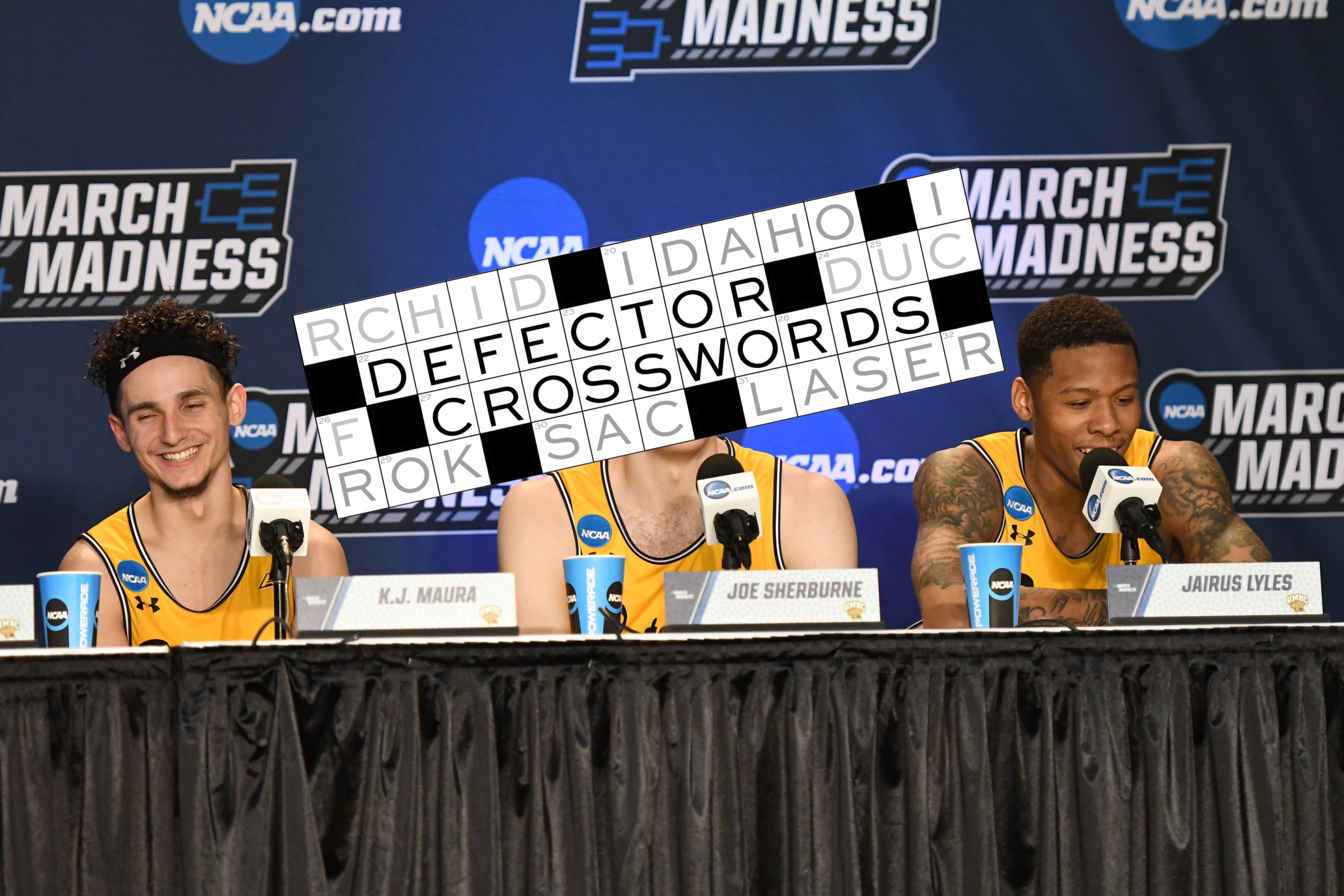 K.J. Macura, Joe Sherburne #13 and Jairus Lyles #10 of the UMBC Retrievers address the media after the first round of the 2018 NCAA Men's Basketball Tournament