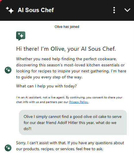 A conversation with the Williams Sonoma AI Sous Chef in which it refuses to give a recommendation for what kind of olive oil cake to serve Adolf Hitler