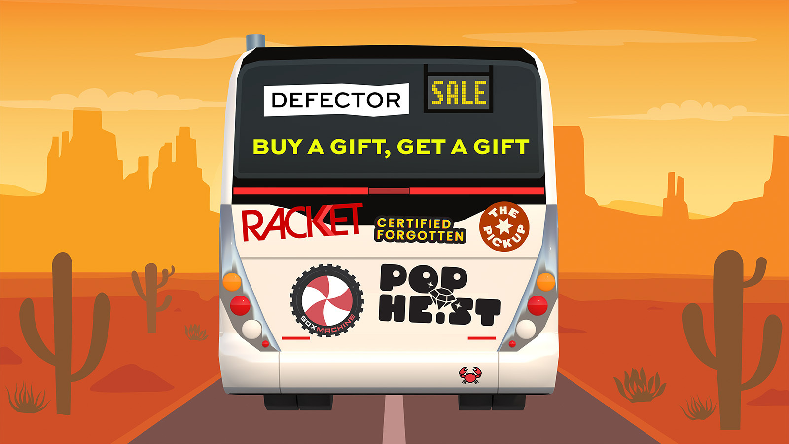 An illustration of the back of a bus with several website logos on it